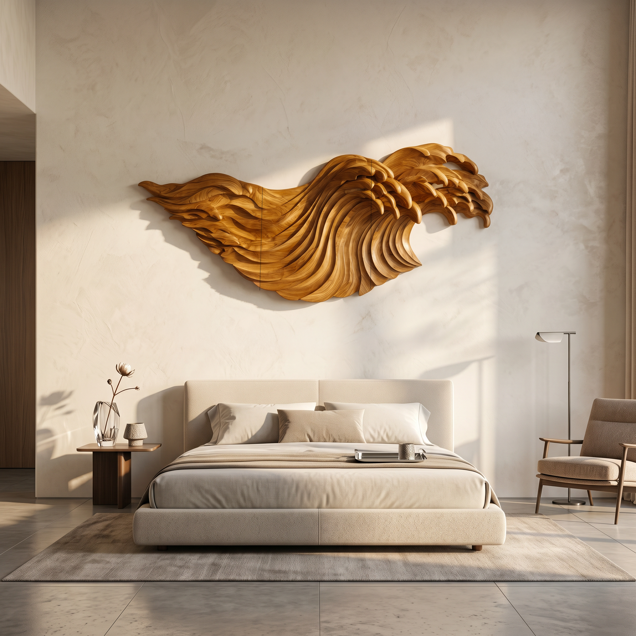 Abstract Ocean Wave Wooden Wall Art With Flowing Sculptural Design For Living Room And Bedroom SINLSAWD099