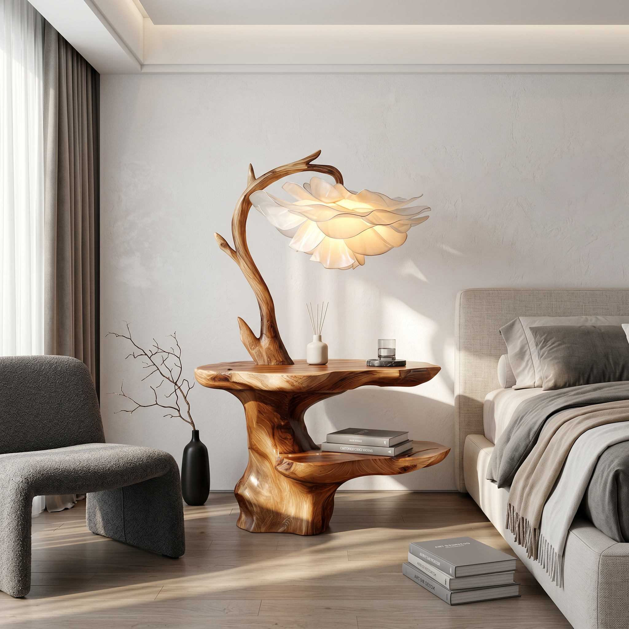 Organic End Table With Flower Lamp And Tree Branch Design For Bedroom And Reading Nook SINLSABT271