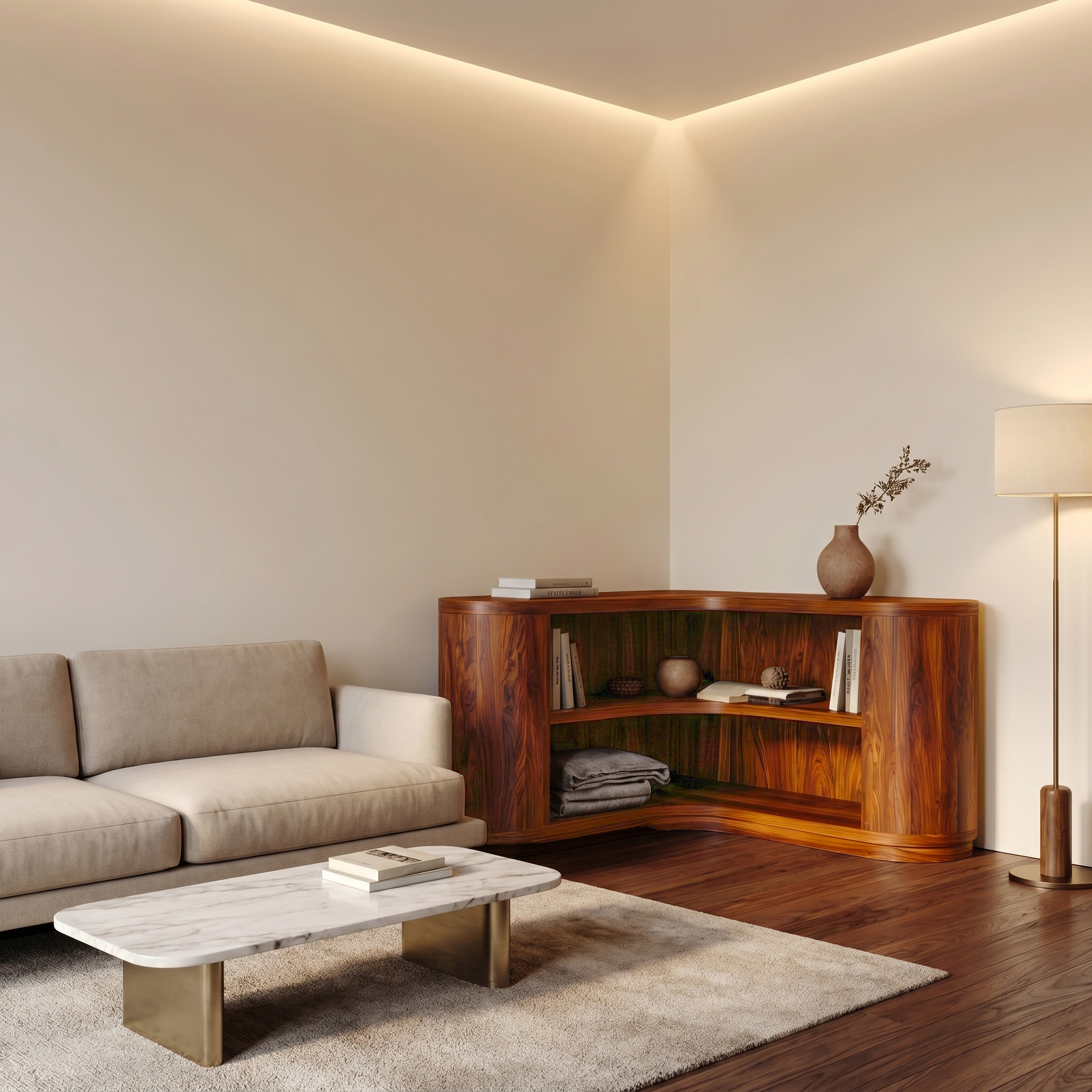 Scandinavian Corner Bookshelf With Simple Wooden Structure For Living Room SINLSABS027