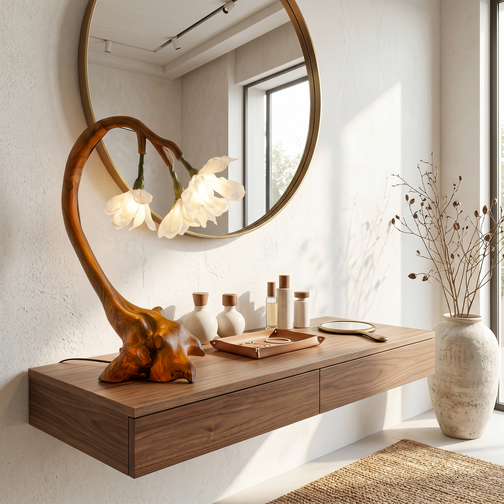 Organic Flower Table Lamp With Sculptural Wood Base For Bedroom And Living Room SINLSATL002