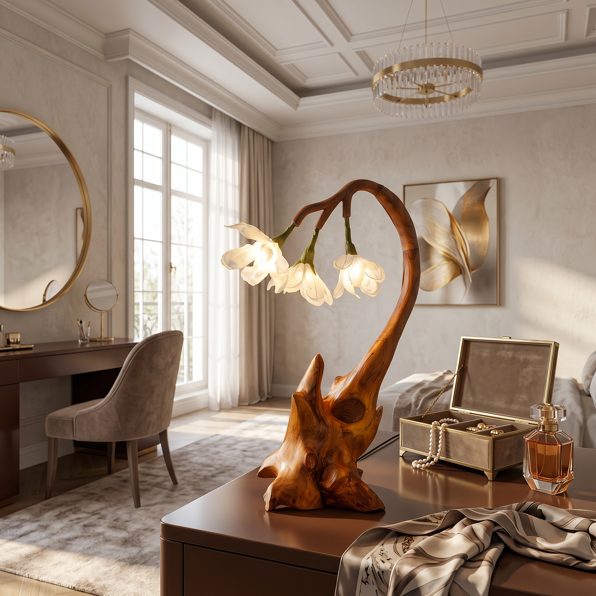 Contemporary Floral Table Lamp With Sculptural Wood Base For Bedroom And Living Room SINLSATL003