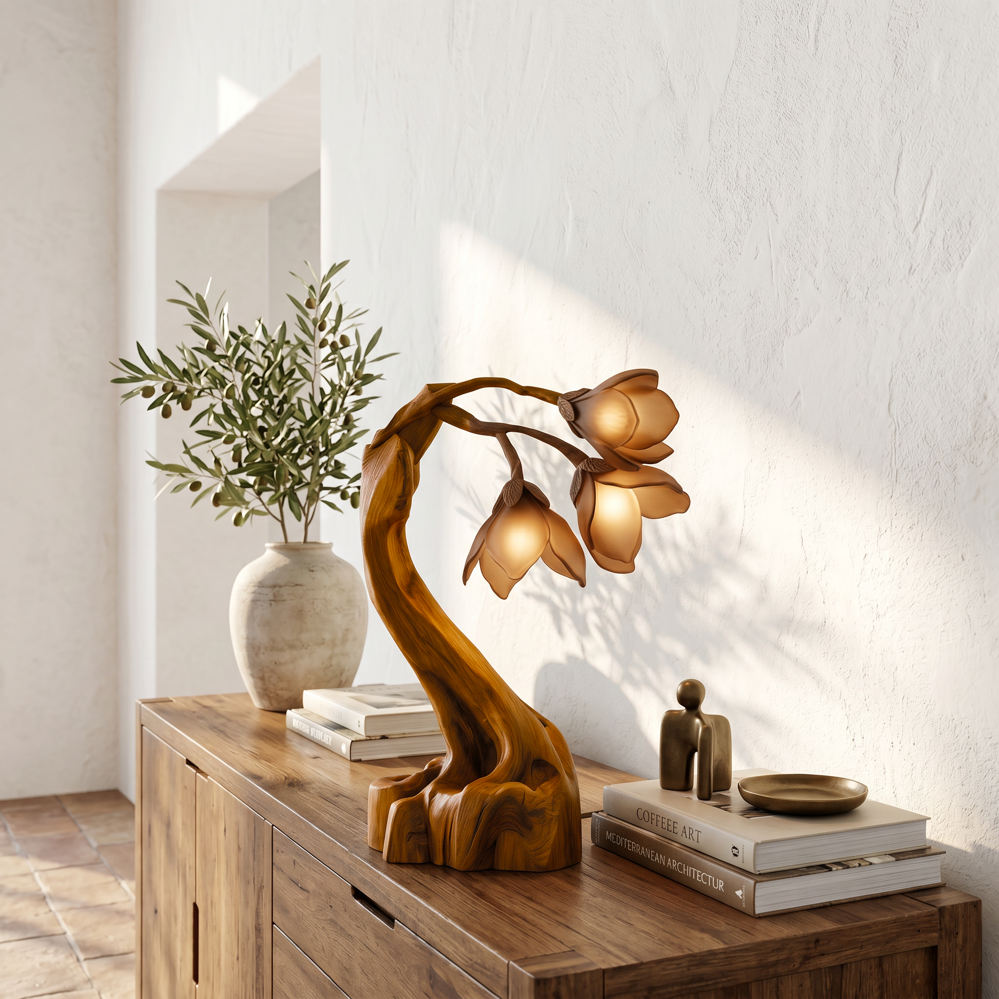 Organic Floral Table Lamp With Sculptural Wood Base For Bedroom And Living Room