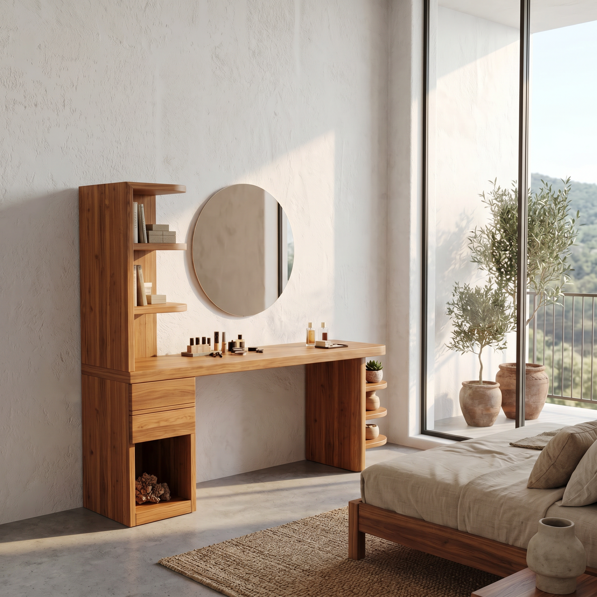 Contemporary Corner Makeup Vanity With Vertical Storage Shelves For Bedroom SINLSABDT076