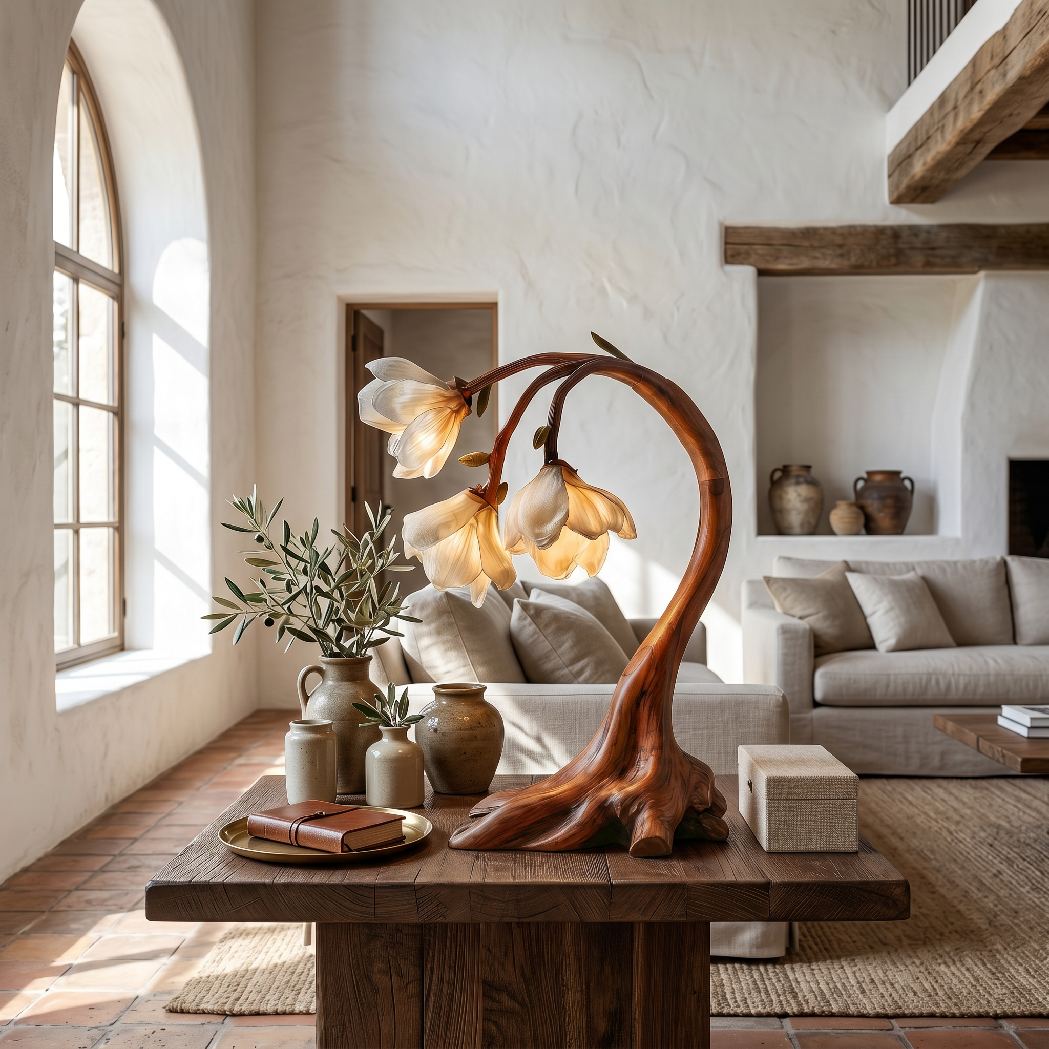 Rustic Floral Table Lamp With Sculptural Driftwood Base For Bedroom And Living Room SINLSATL006
