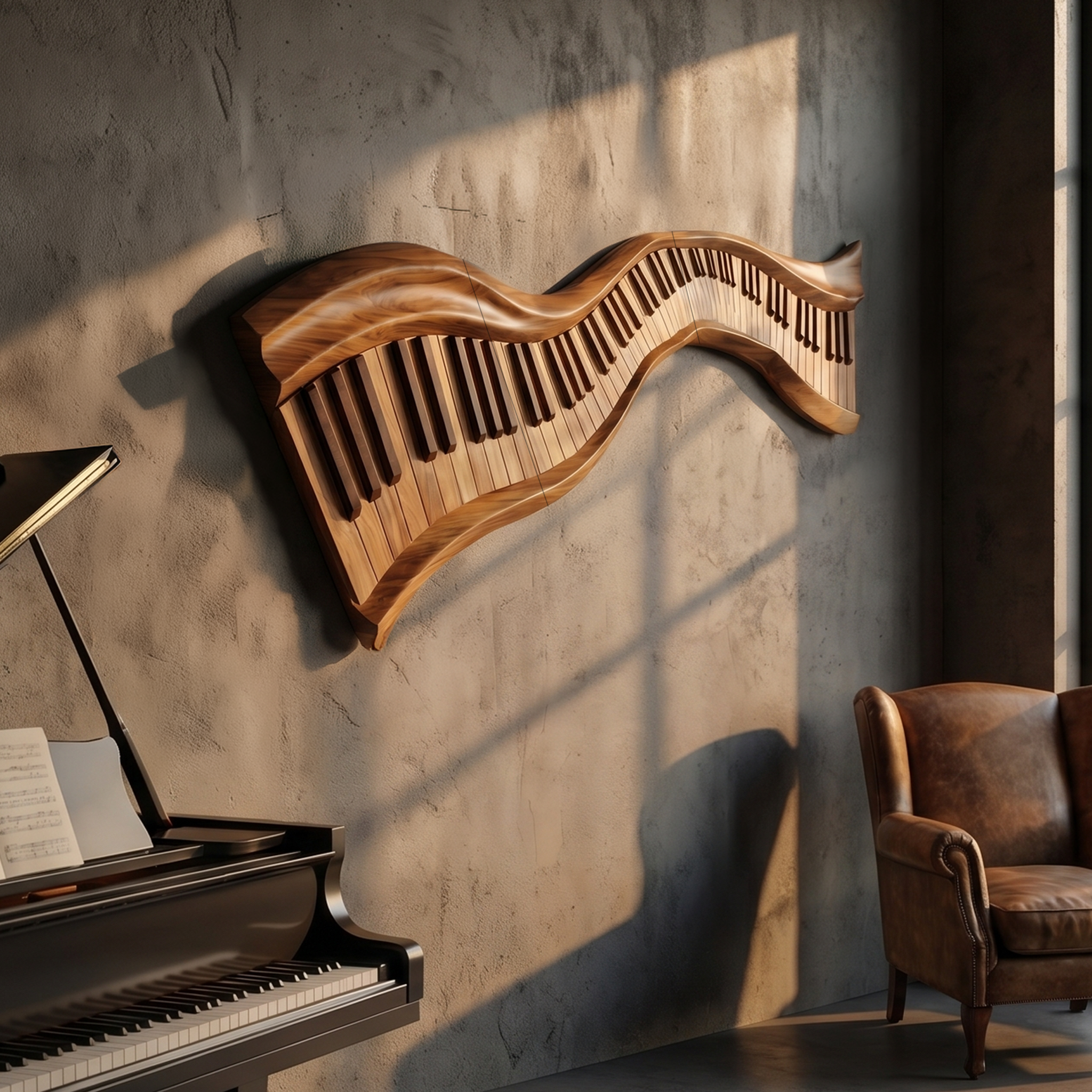 Organic Abstract Keyboard Wave Wooden Wall Sculpture For Living Room SINLSAWD076