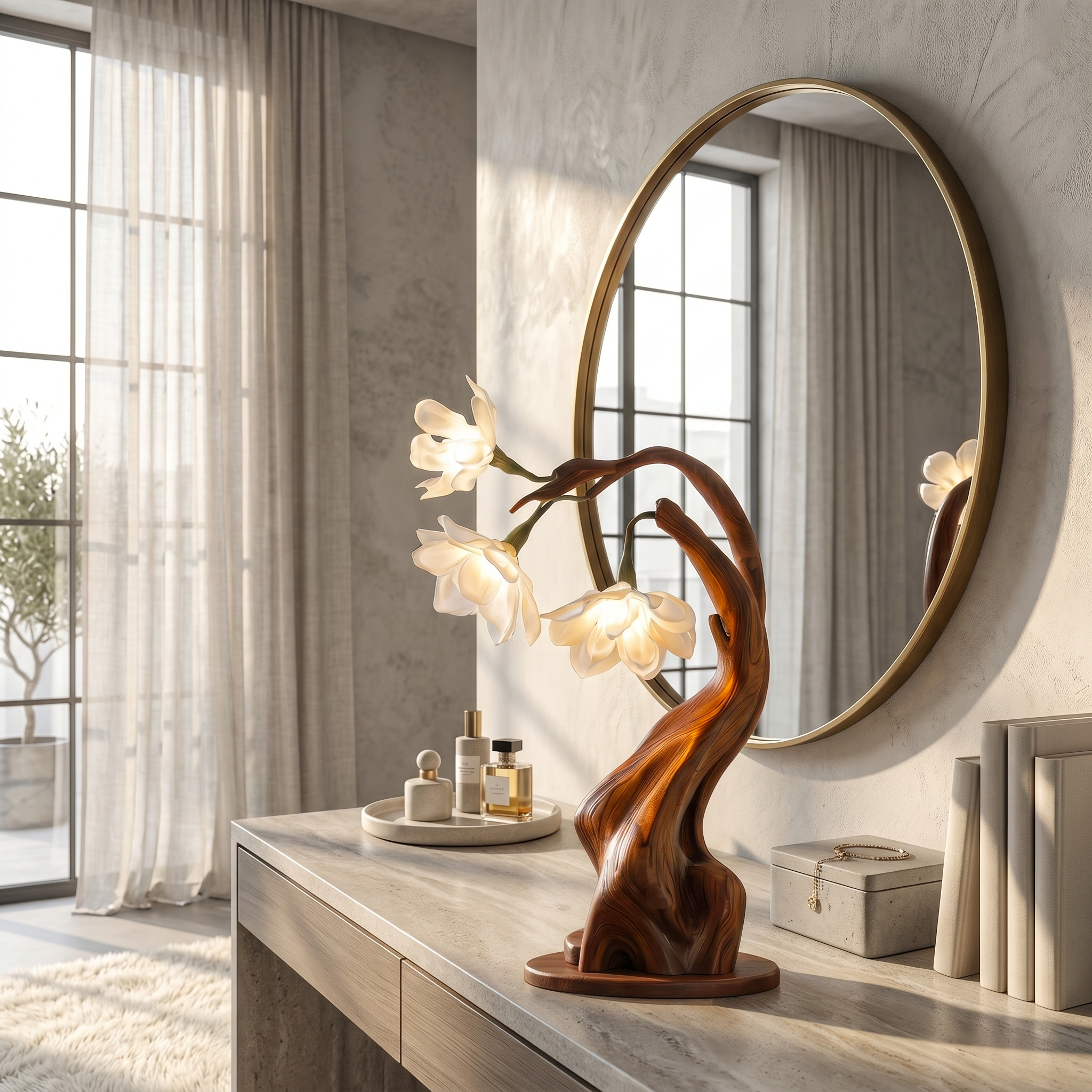 Contemporary Floral Table Lamp With Twisted Solid Wood Base For Bedroom And Living Room SINLSATL011