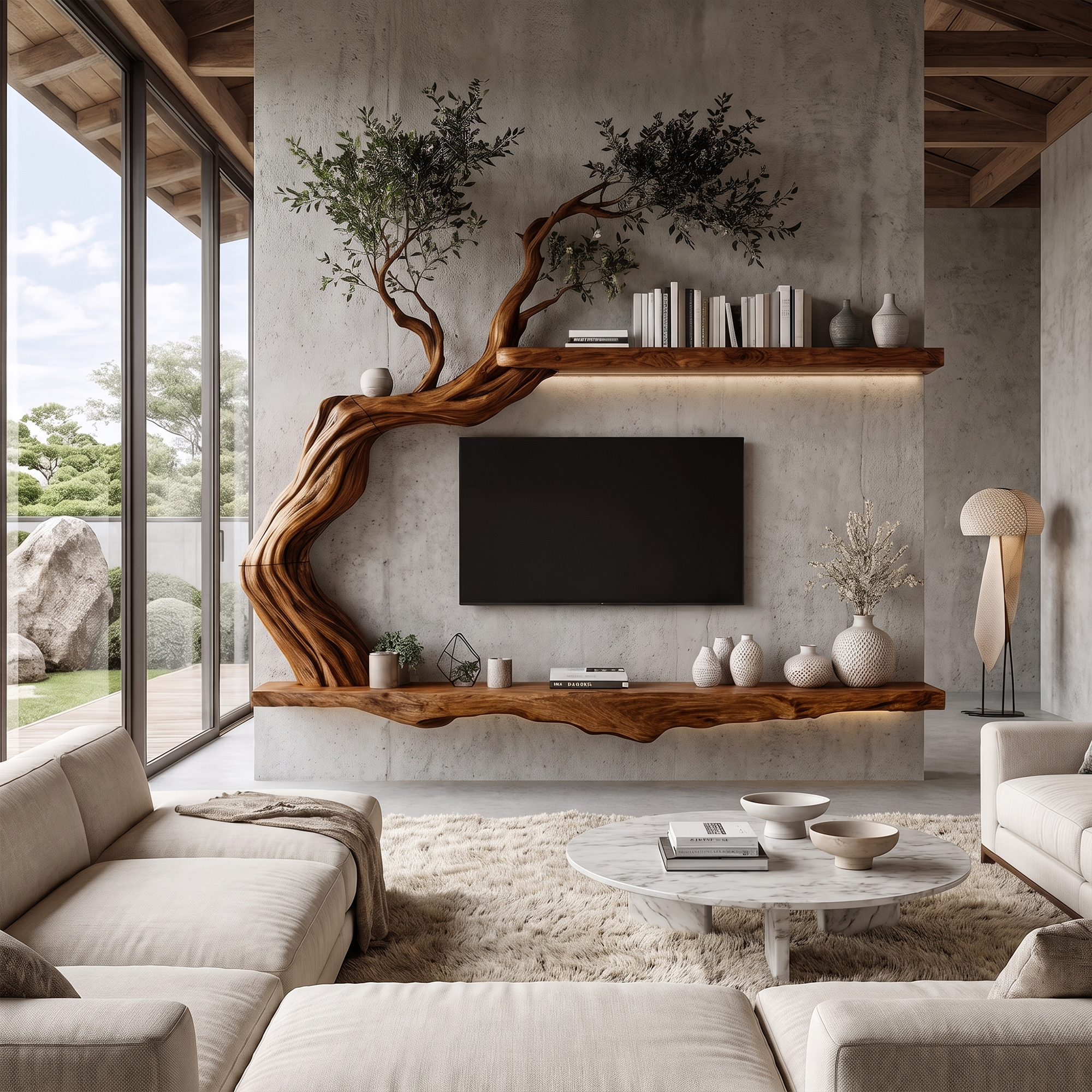 Organic Wall Mounted TV Stand With Sculptural Wood Design For Living Room SINLKITC078