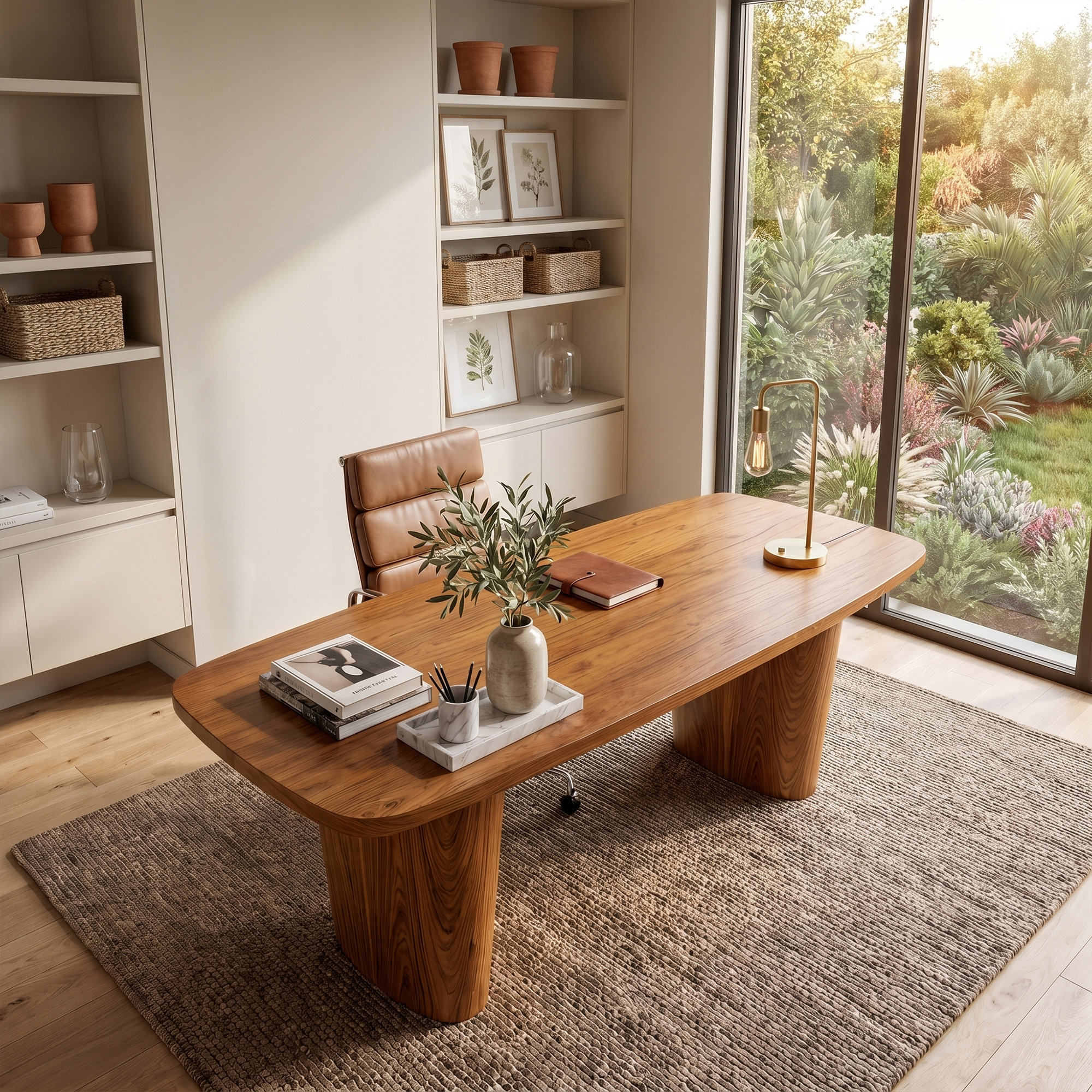 Modern Executive Wooden Desk With Sculptural Solid Wood Base For Home Office And Workspace SINLKIDK109