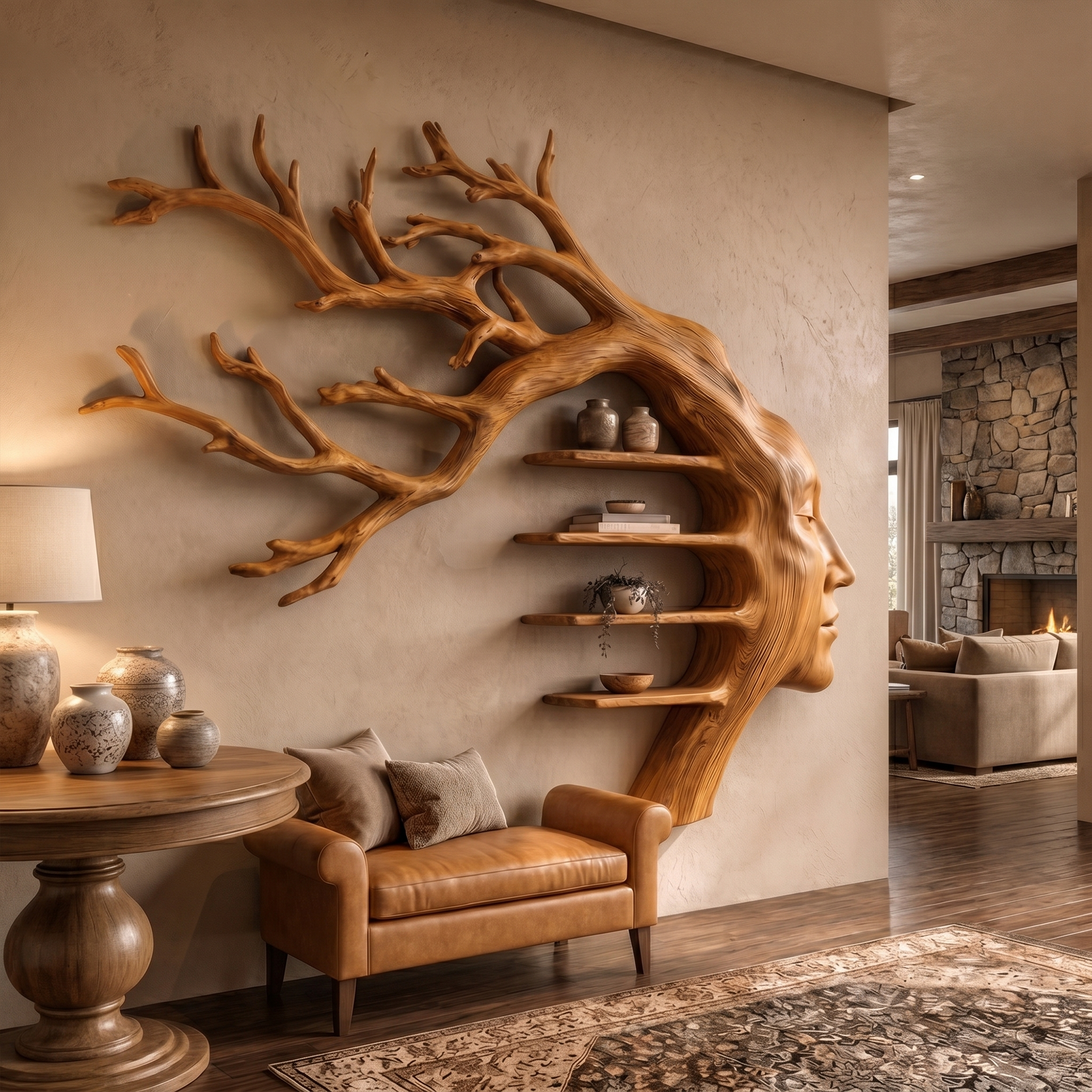 Rustic Tree Branch Wooden Wall Art With Floating Shelves For Living Room And Entryway SINLKIWD105