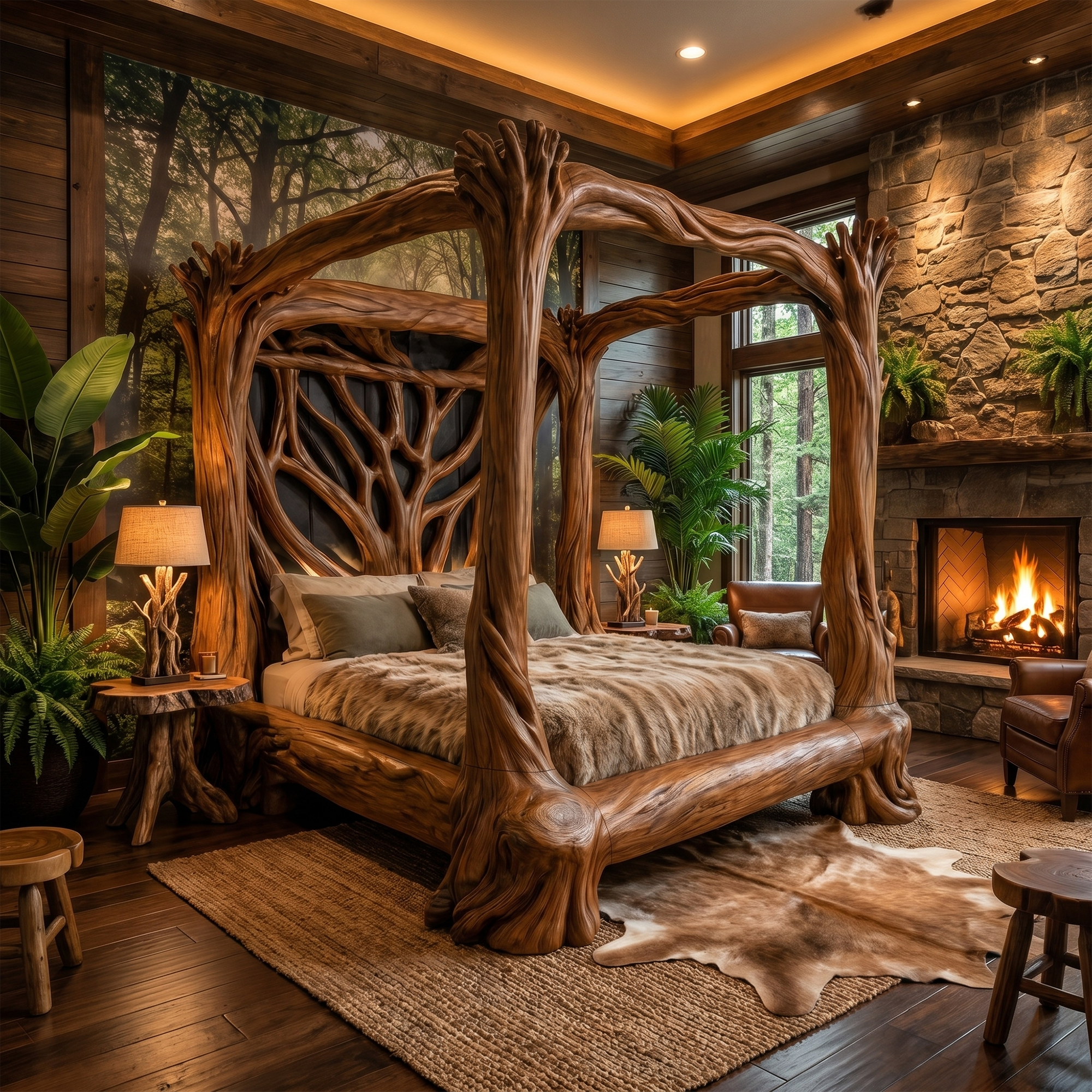 Organic Sculptural Canopy Bed With Handcrafted Tree Branch Wood Frame For Bedroom Decor SINLKIWB120