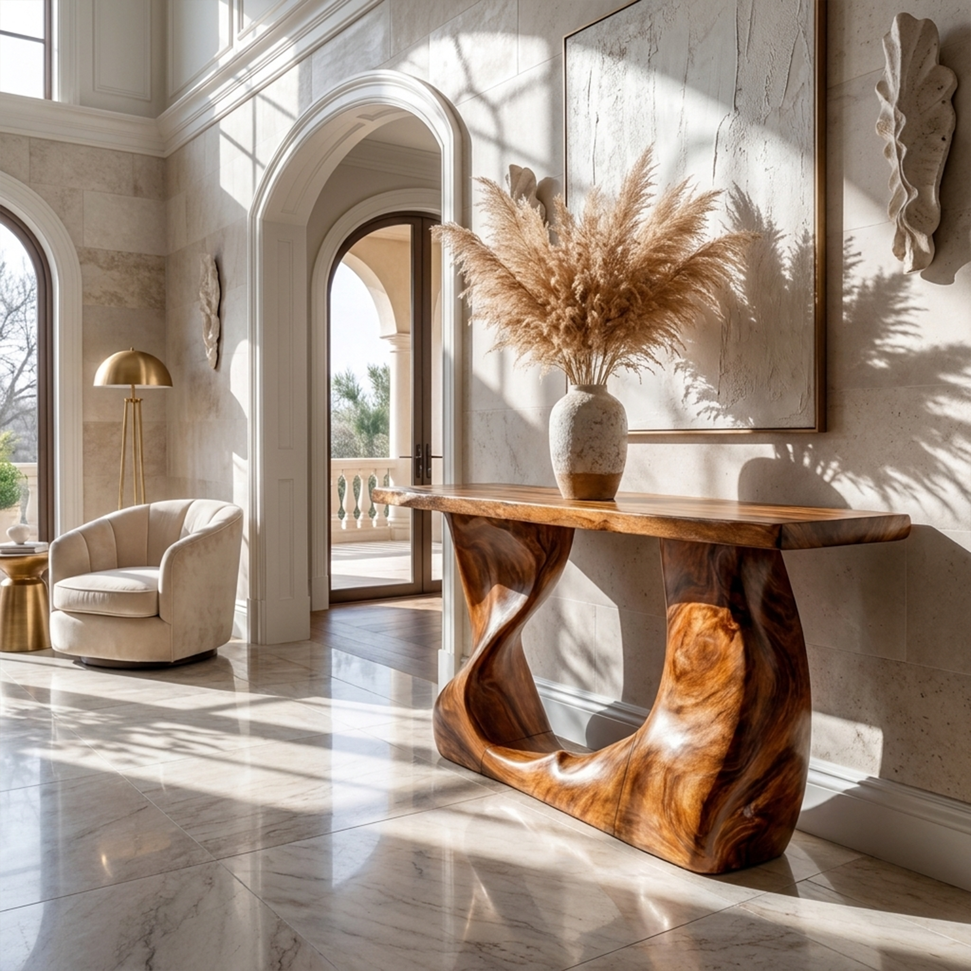 Rustic Modern Console Wavy Carved Wood Entry Hall SINLKICS406