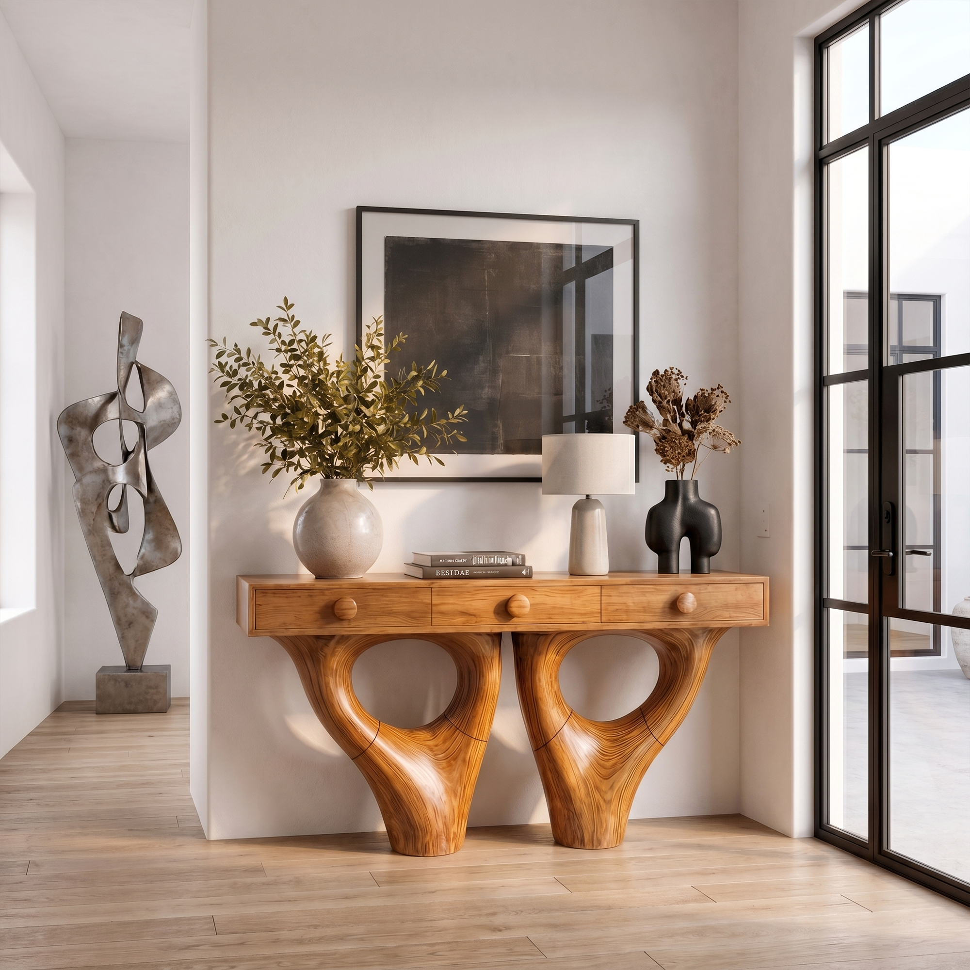 Rustic Console Table With Sculptural Double Pedestal Wood Base And Solid Wood Top For Entryway And Living Room SINLKICS594