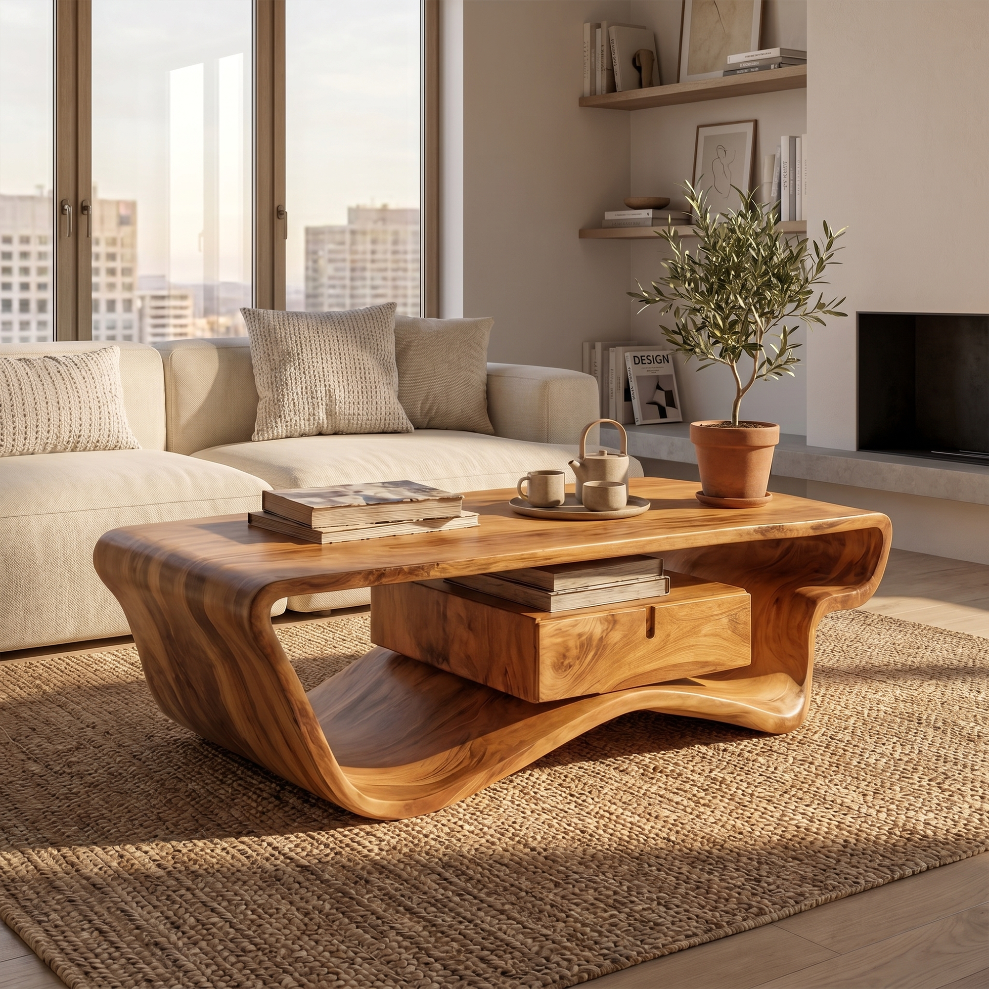 Curved Sculptural Coffee Table With Storage Drawer For Living Room SINLKICF361