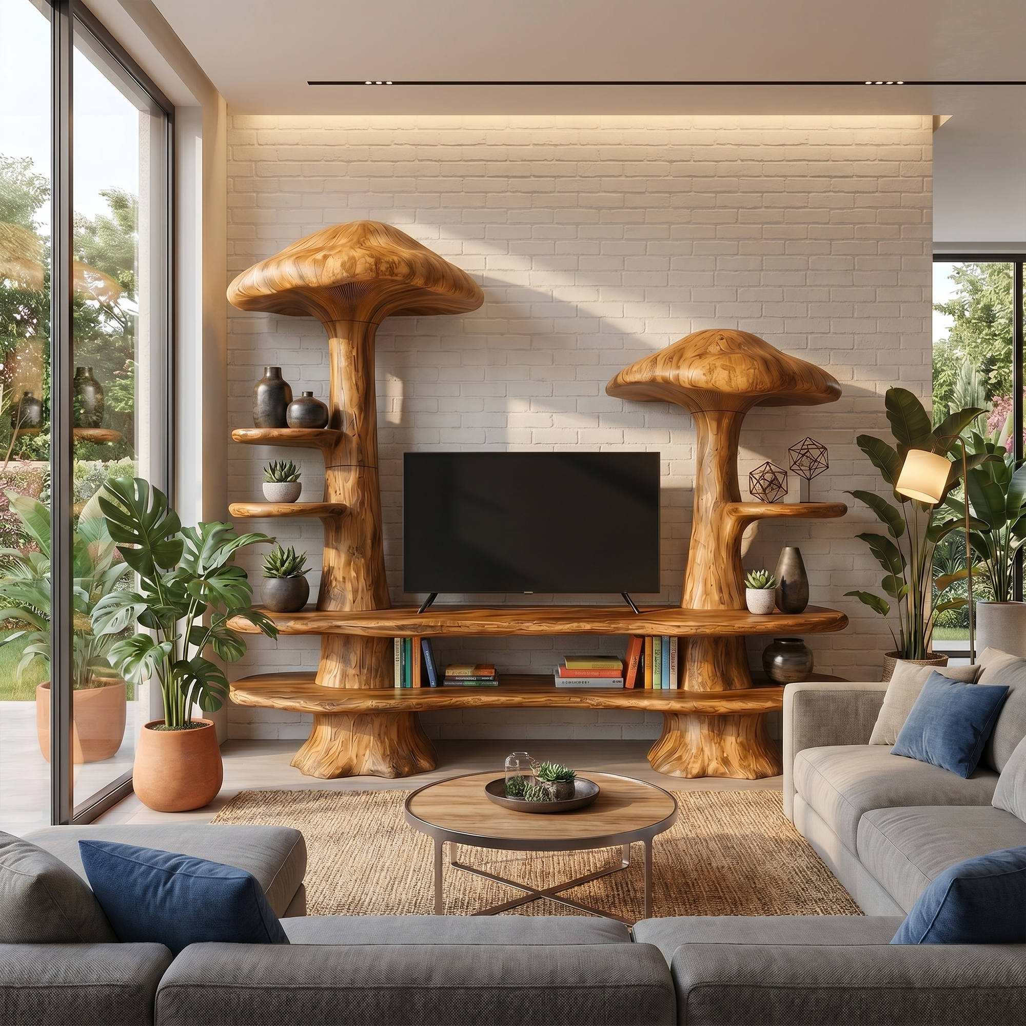 Rustic Mushroom TV Cabinet With Open Display Storage And Media Console For Living Room SINLKITC054