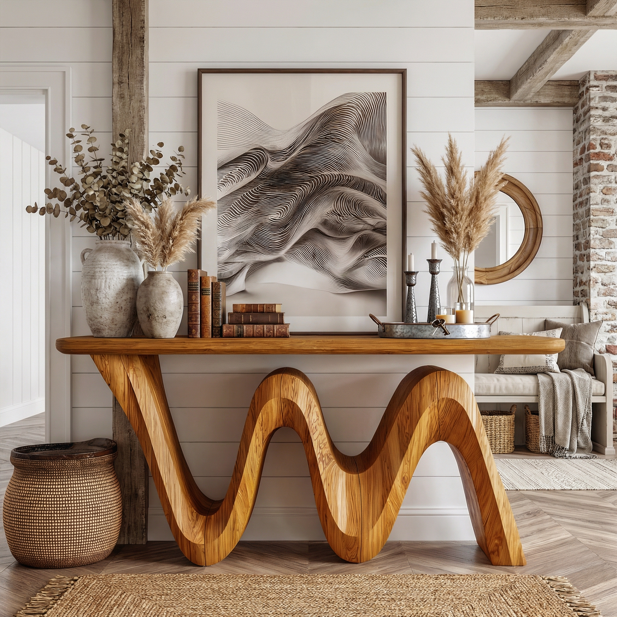 Organic Flow Console Table Solid Wood Sculptural Wave Base Entryway Or Hallway SINLKICS557