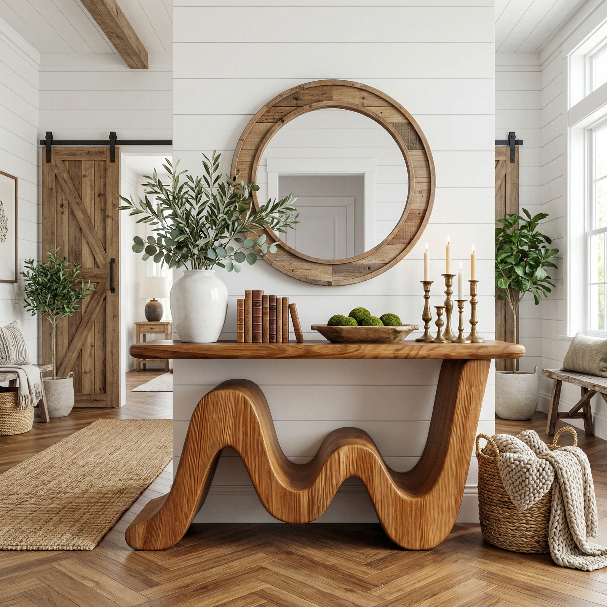 Wave Console Table Solid Wood Soft Curved Shape Living Room And Entryway SINLKICS558