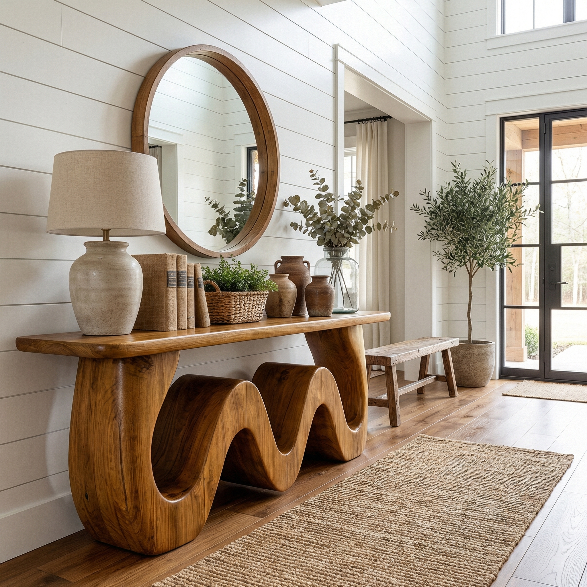 Organic Wave Console Table Solid Wood Bold Sculptural Curve Design Entryway And Living Room SINLKICS559