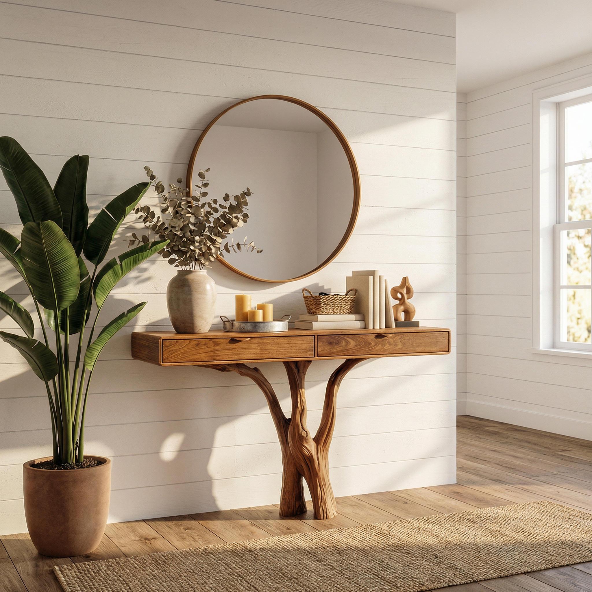 Sculptural Tree Console Table Solid Wood Branch Pedestal Design Living Room And Entryway SINLKICS560