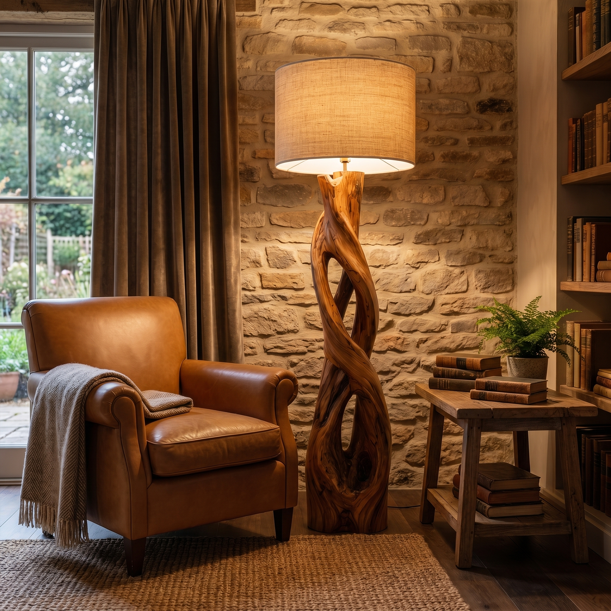 Nature Inspired Floor Lamp With Sculptural Wood Form And Fabric Shade For Living Room SINLKIFLP091