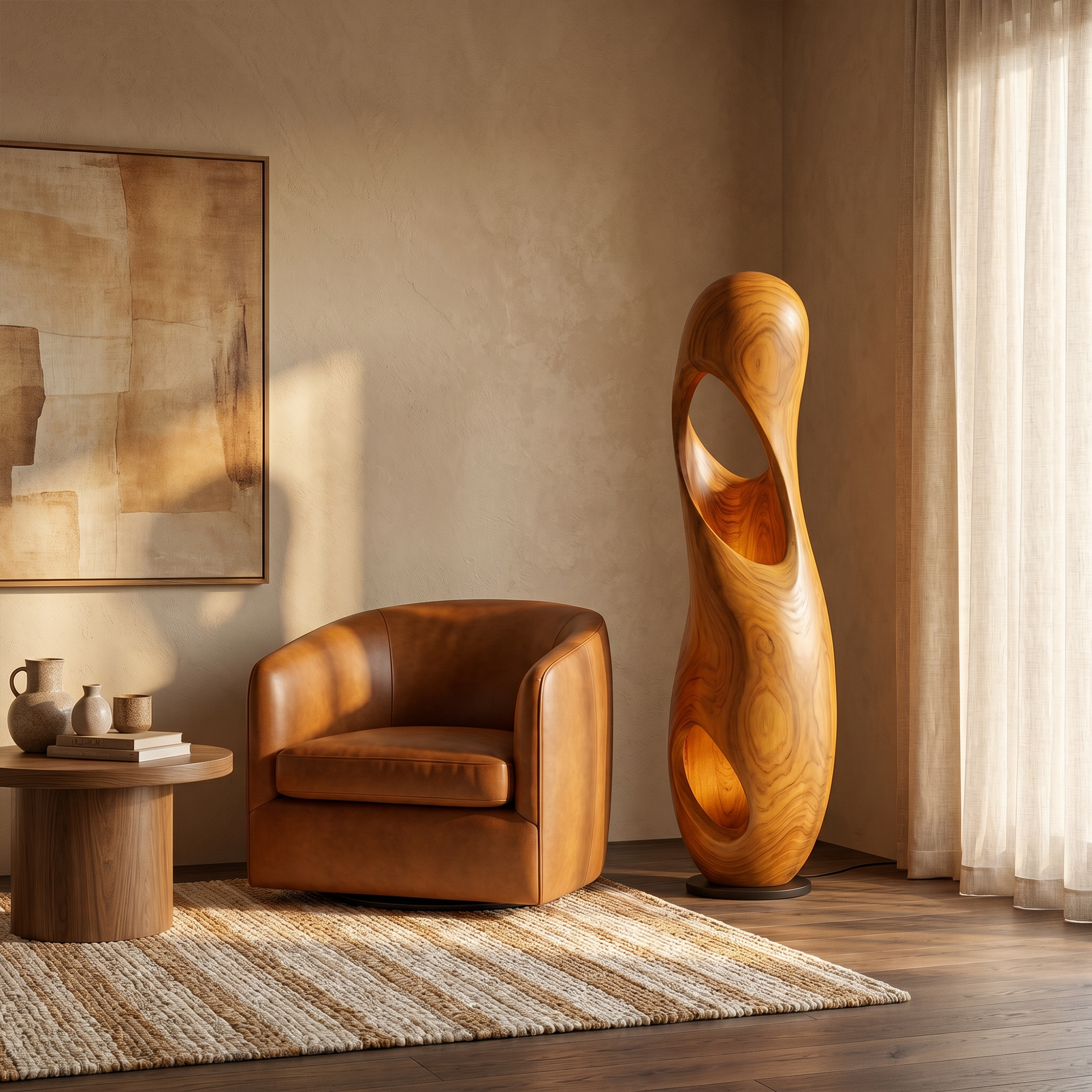 Organic Floor Lamp With Sculptural Hollow Wood Tower Design For Living Room SINLKIFLP093