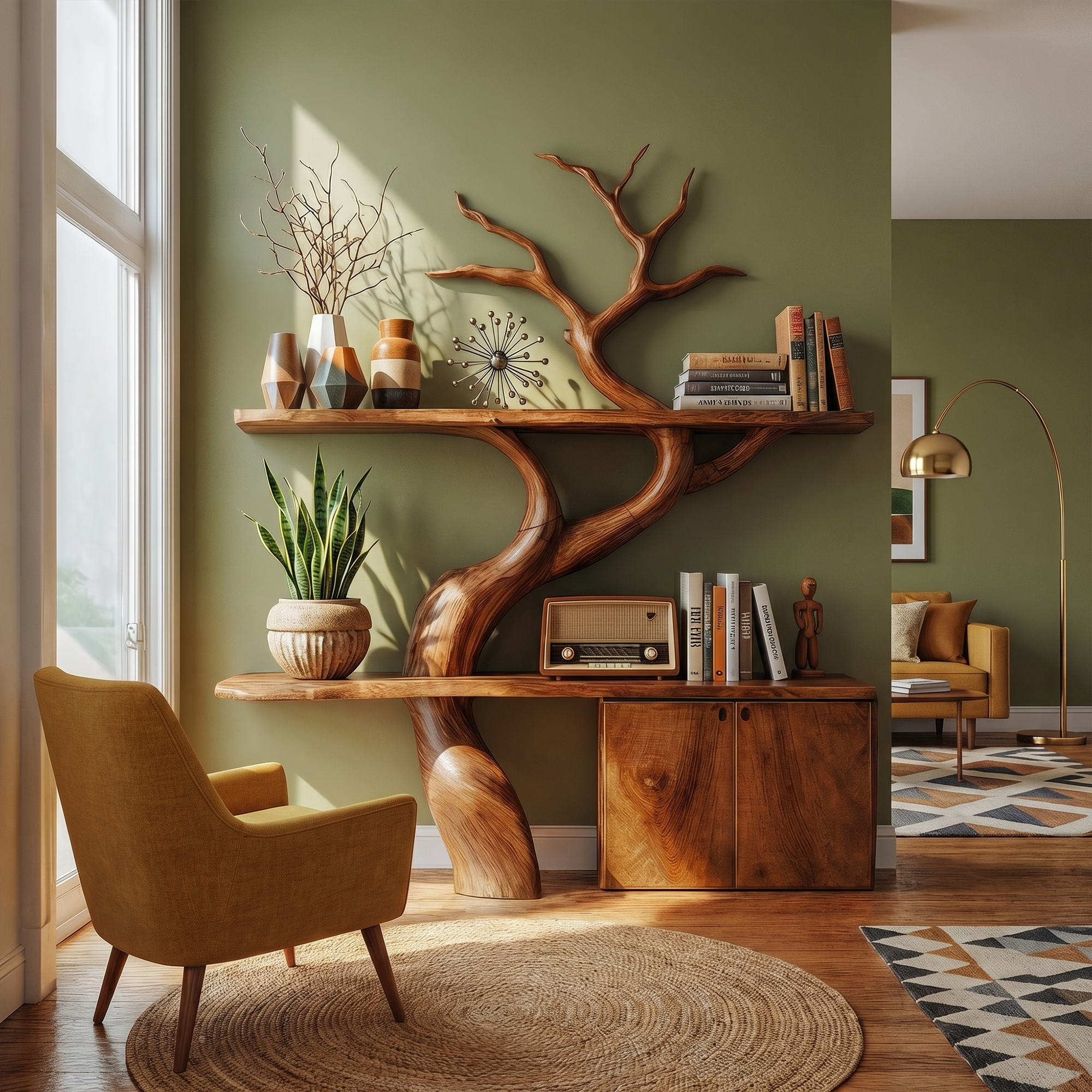 Rustic Tree Branch Bookshelf With Storage Cabinet For Living Room And Bedroom Space SINLKITB714