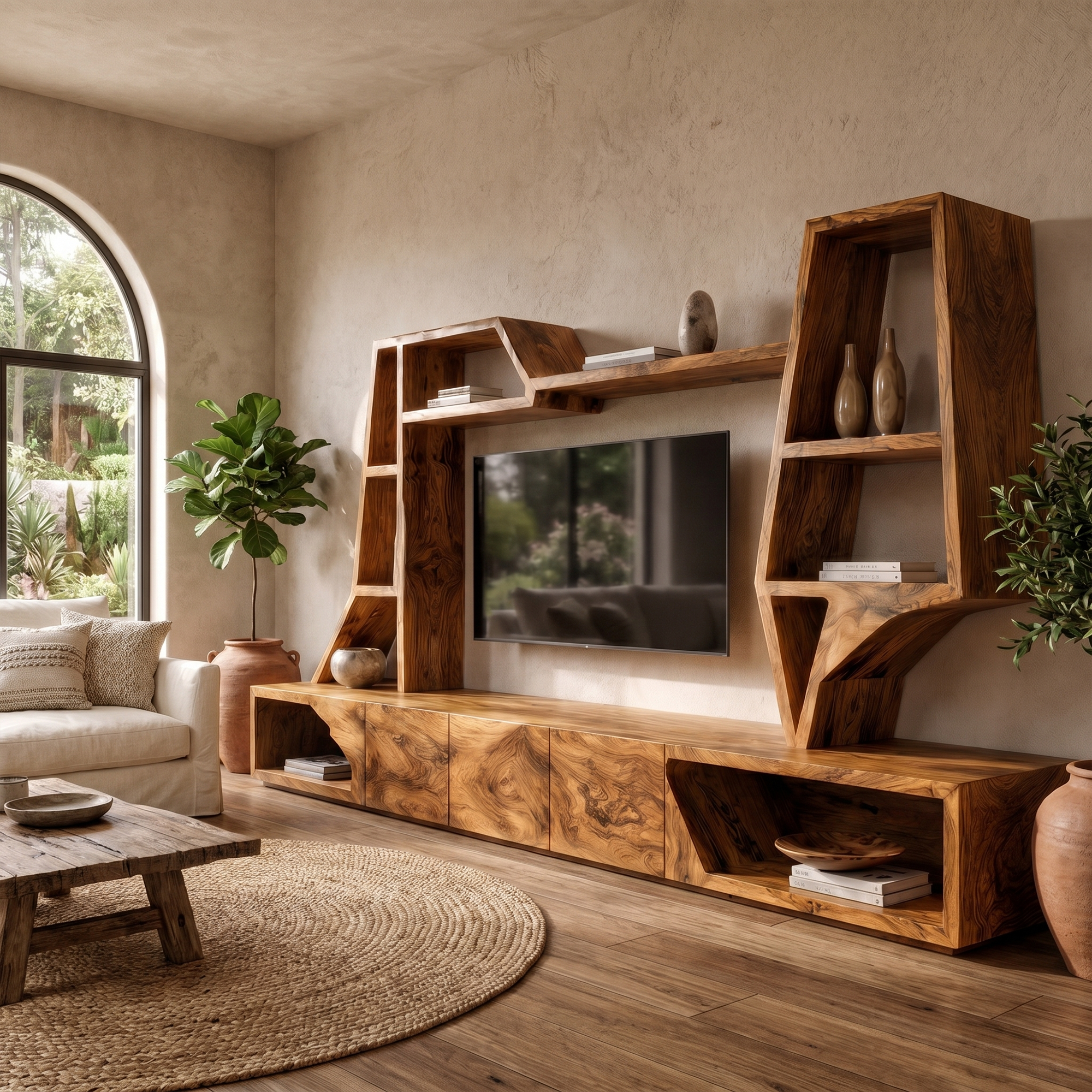 Organic TV Cabinet With Sculptural Branch Shelving And Wall Mounted Storage For Living Room SINLKITC056