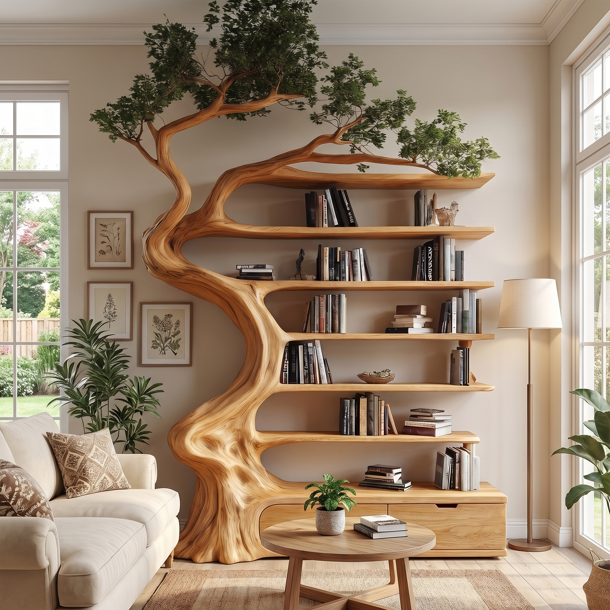 Rustic Tree Bookshelf With Storage Cabinet For Living Room SINLKITB724