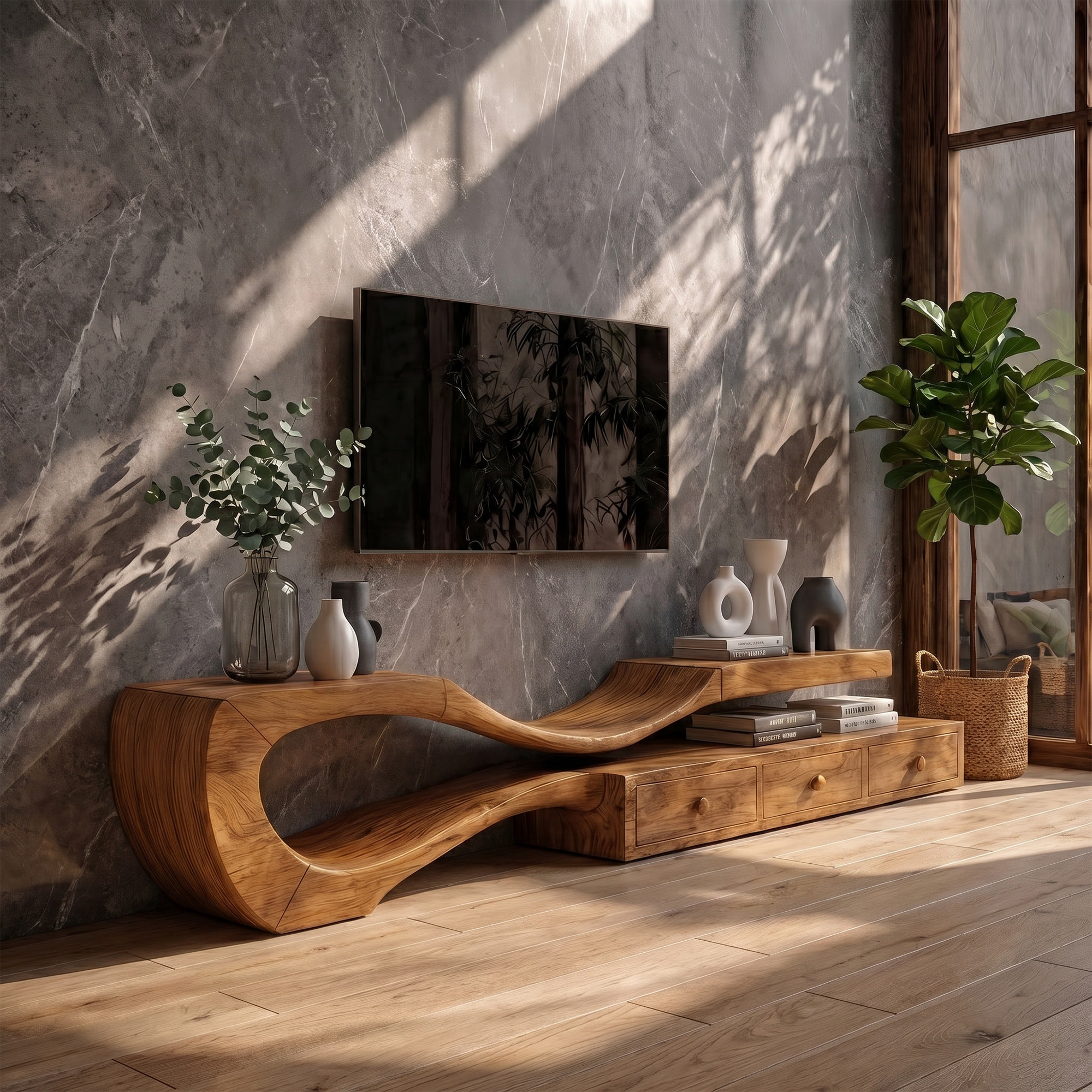 Modern TV Cabinet With Sculptural Curved Wood Base And Built In Storage Drawers For Living Room SINLKITC031