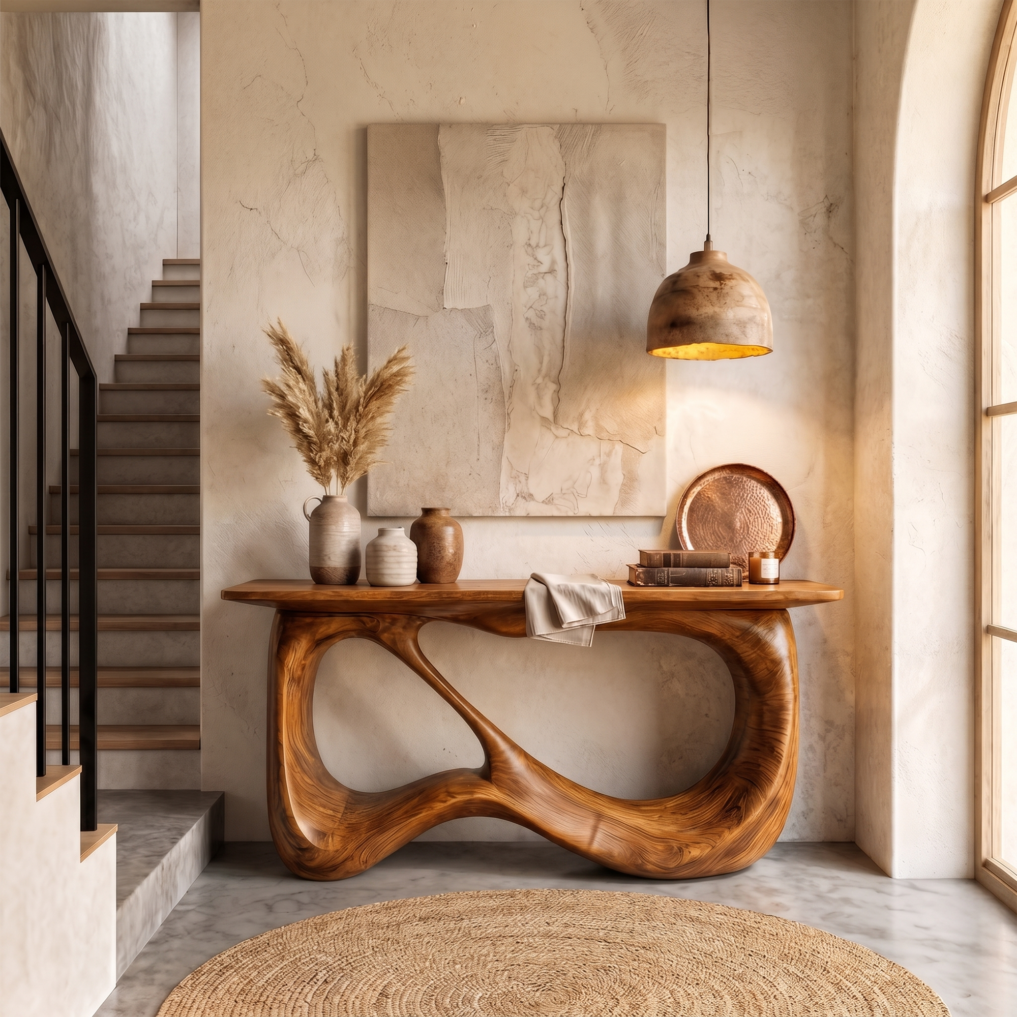Minimalist Console Table With Flowing Loop Wood Base For Entryway SINLKICS600