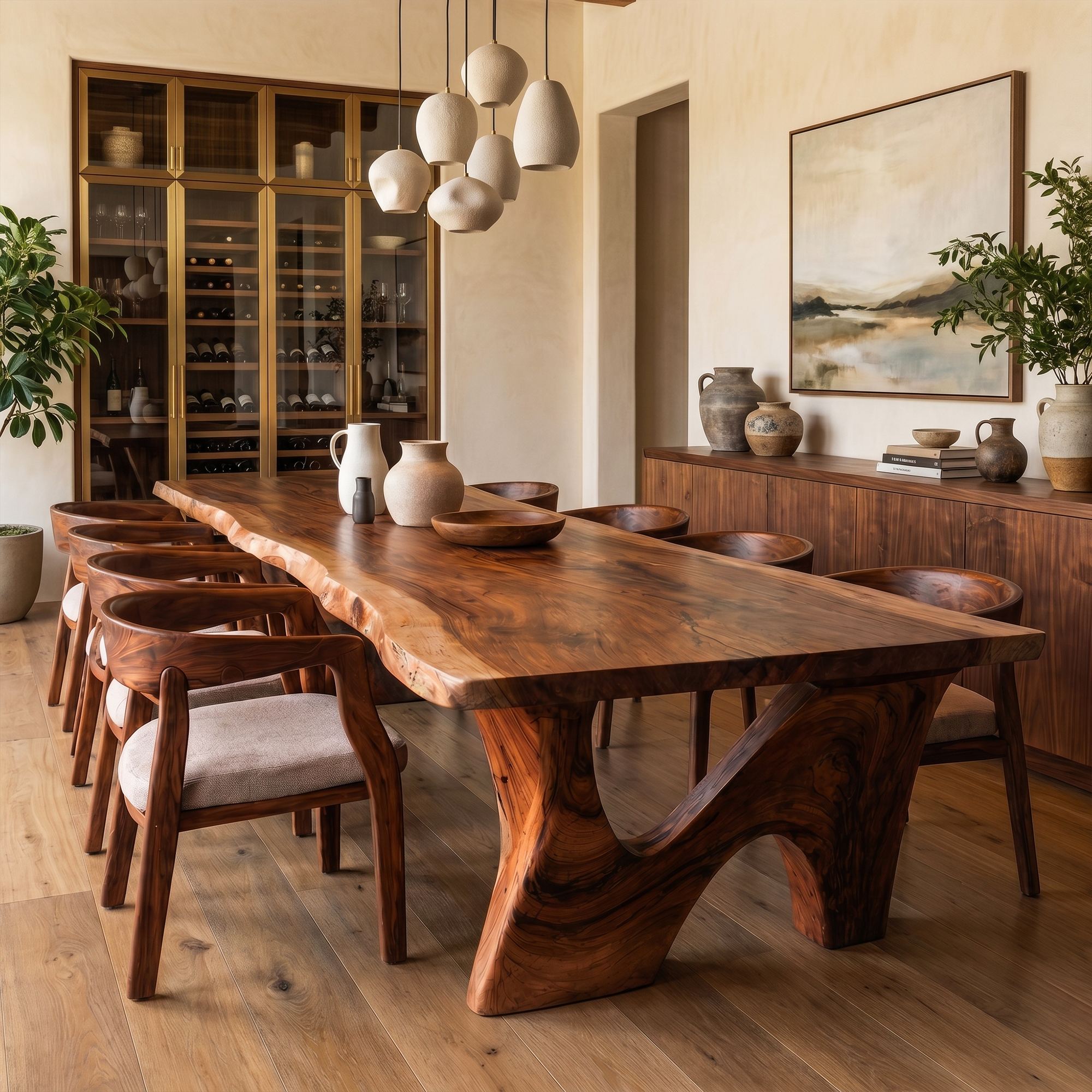 Rustic Modern Dining Table With Solid Wood Top And Sculptural Curved Base For Dining Room SINLKIDT186