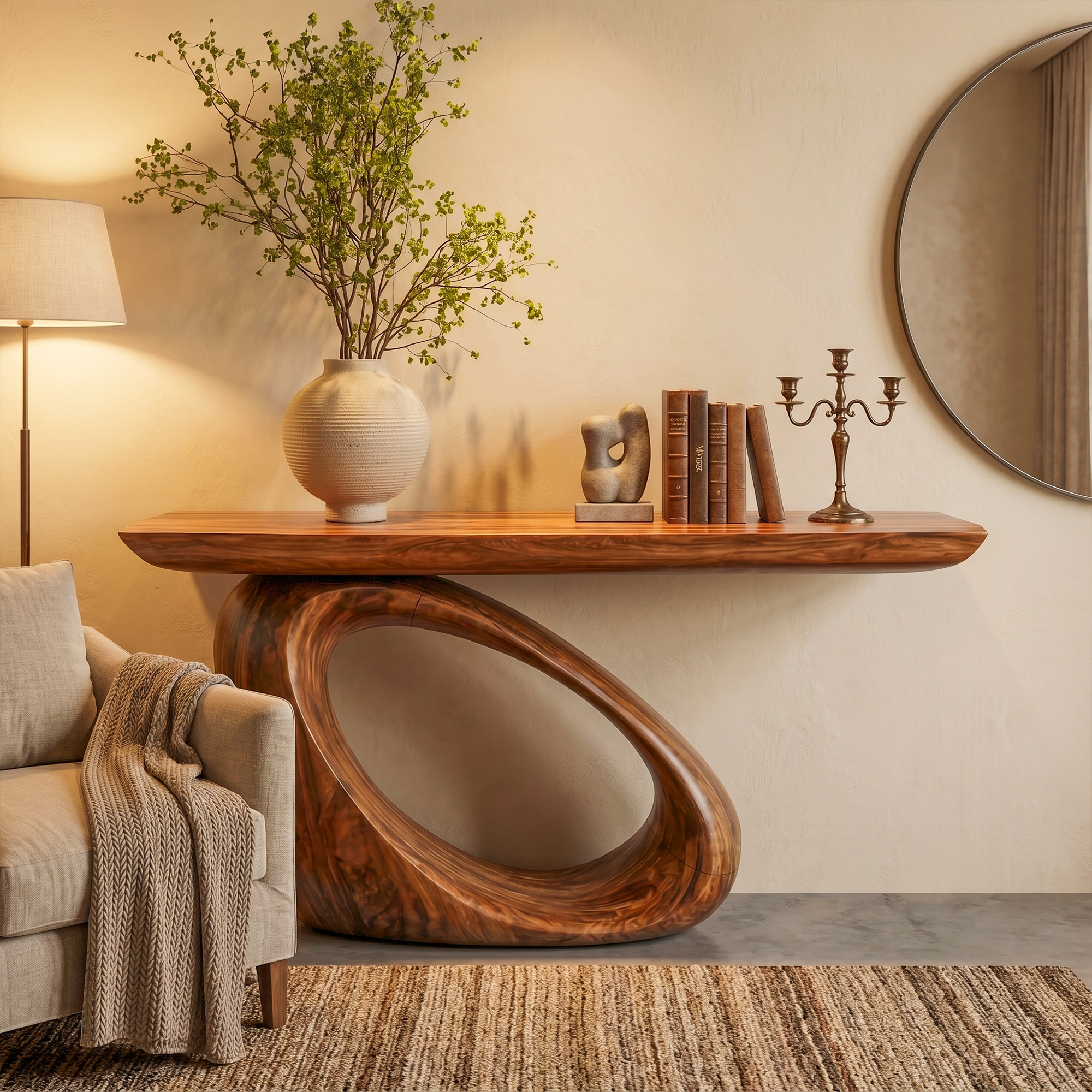 Modern Organic Console Table With Sculptural Loop Pedestal Wood Base For Entryway And Living Room SINLKICS595