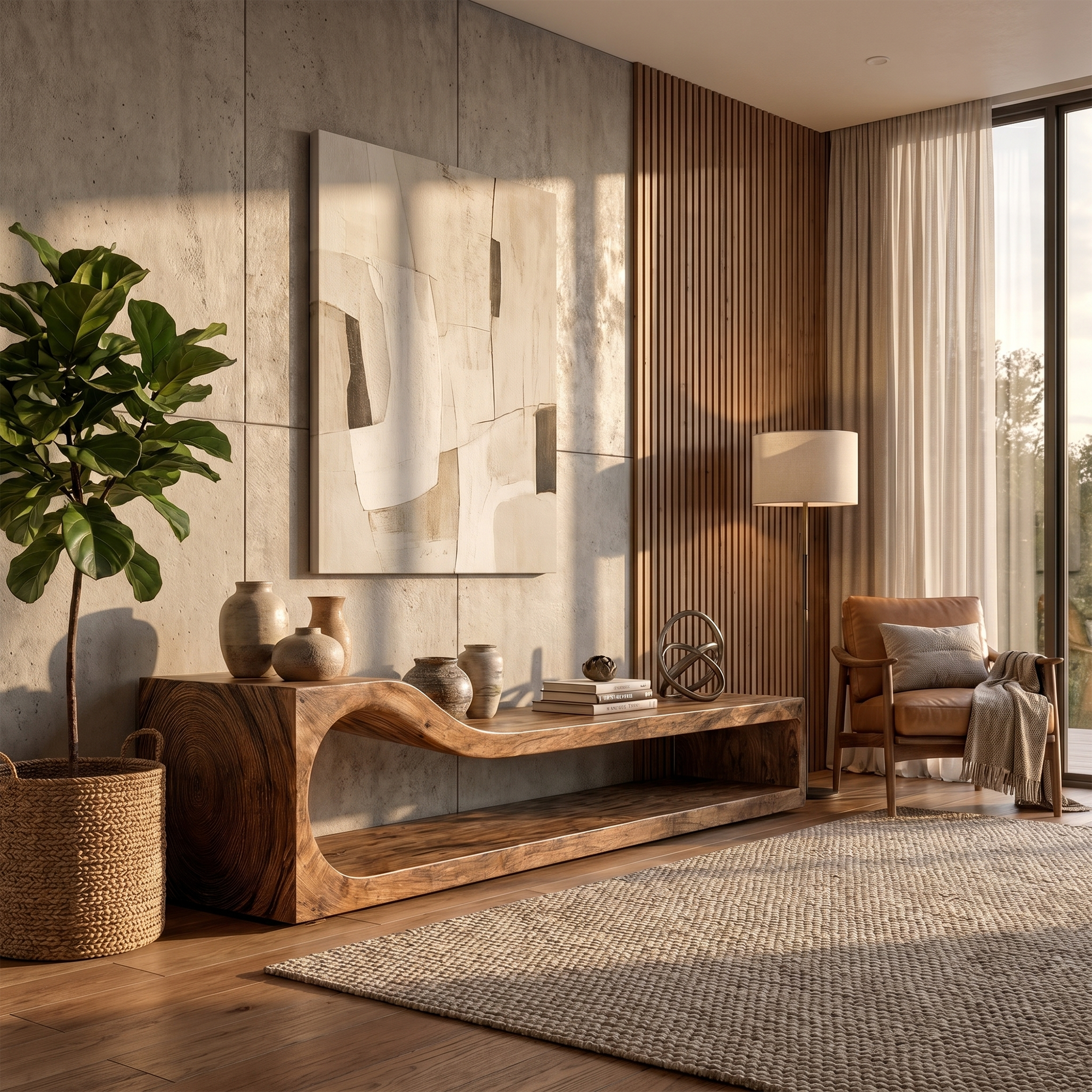 Organic TV Cabinet With Sculptural Wave Wood Base And Solid Wood Media Console For Living Room SINLKITC033