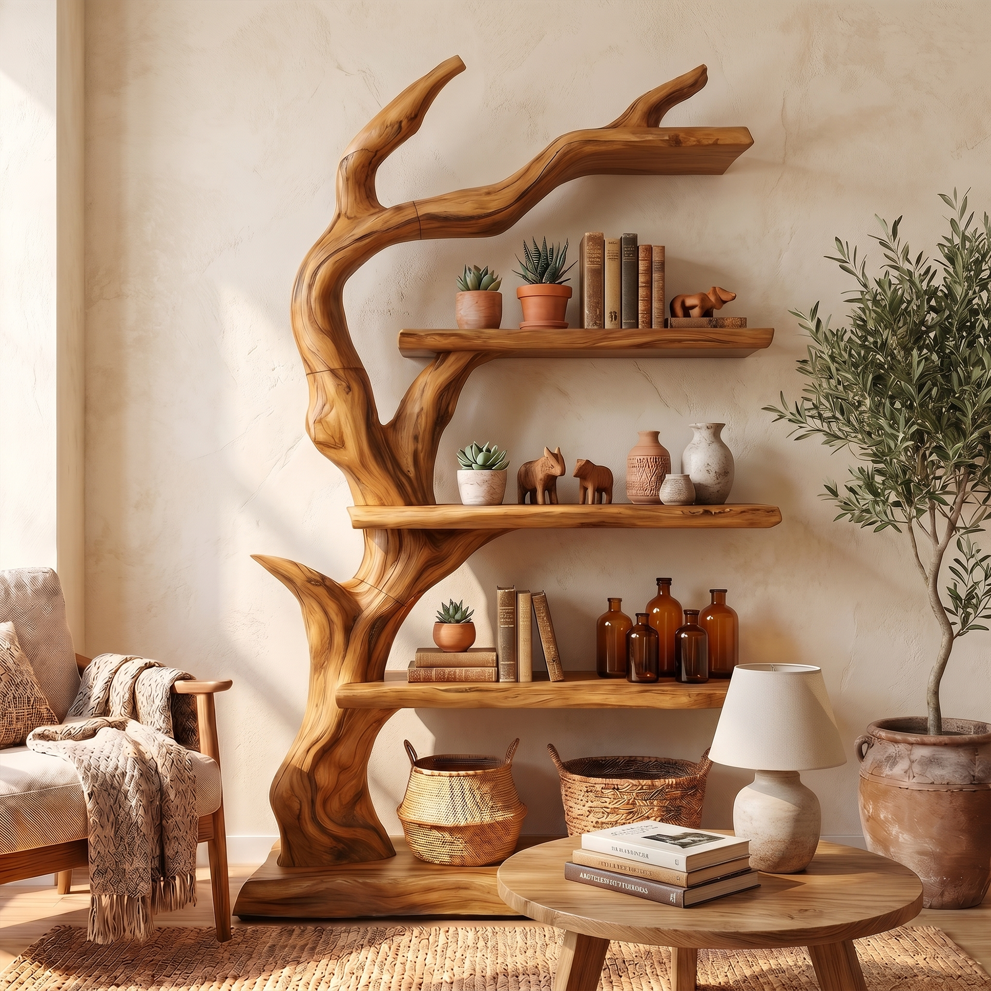 Rustic Tree Bookshelf With Handcrafted Branch Design And Open Display Shelves For Living Room SINLKITB736