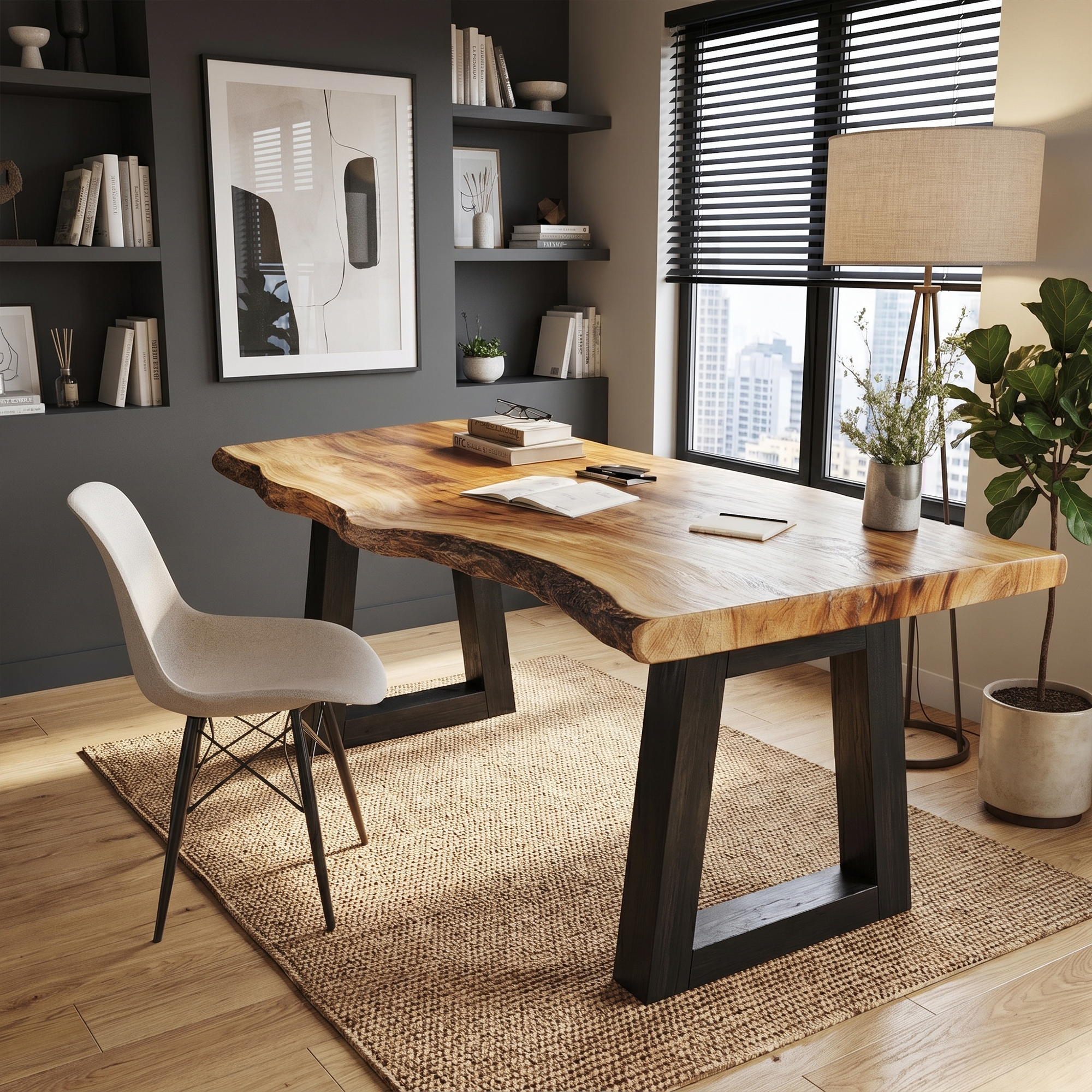 Modern Desk With Live Edge Solid Wood Top And Steel Base For Workspace SINLKIDK156
