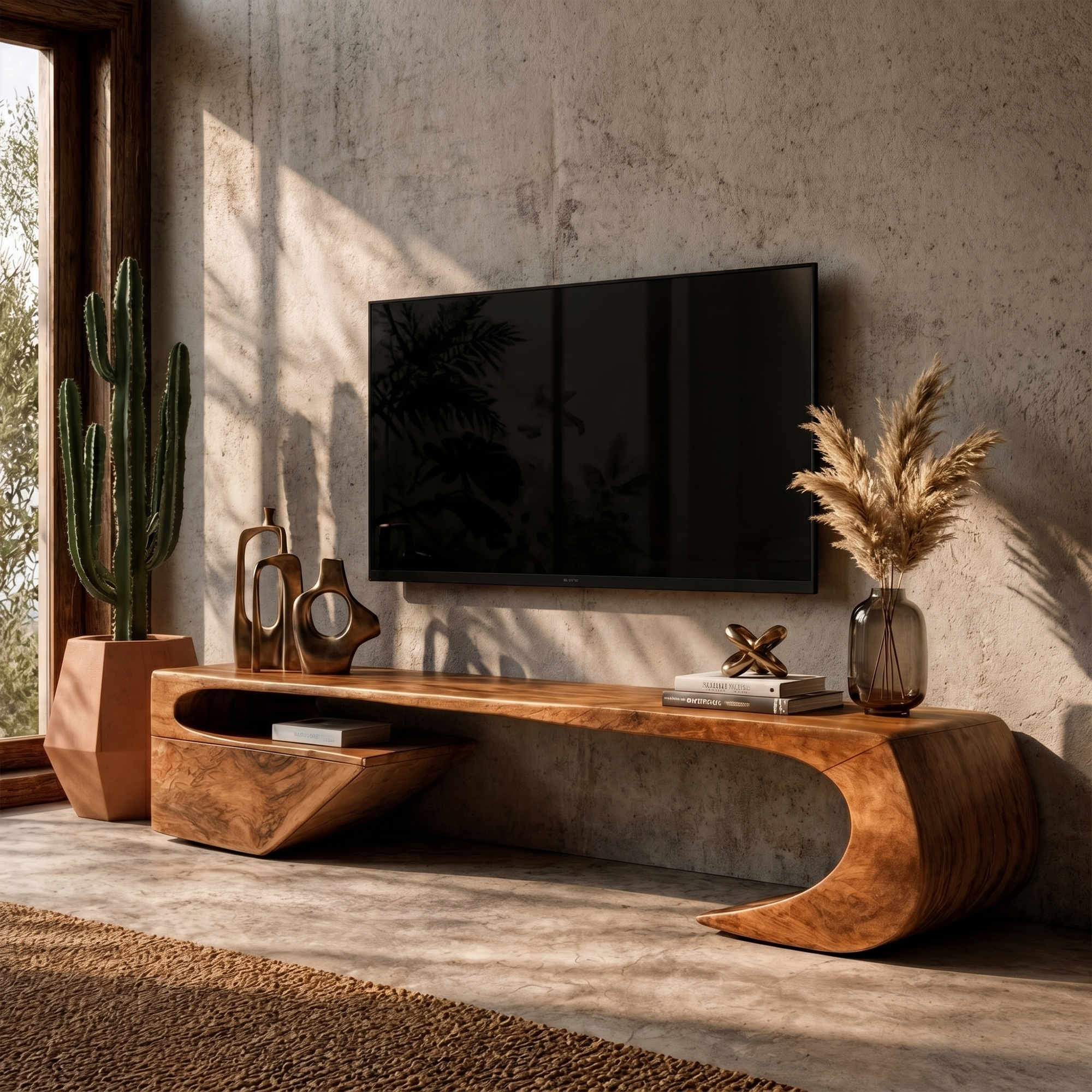 Japandi TV Cabinet With Sculptural Curved Wood Base And Solid Wood Media Console For Living Room SINLKITC035