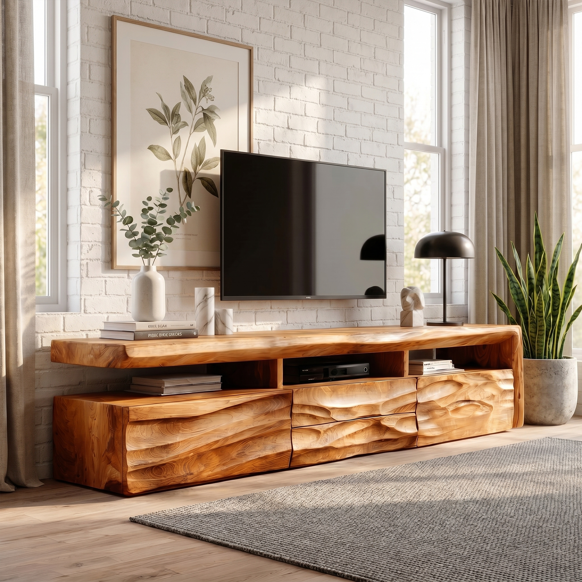 Organic TV Cabinet With Hand Carved Solid Wood Front And Open Media Storage For Living Room SINLKITC048