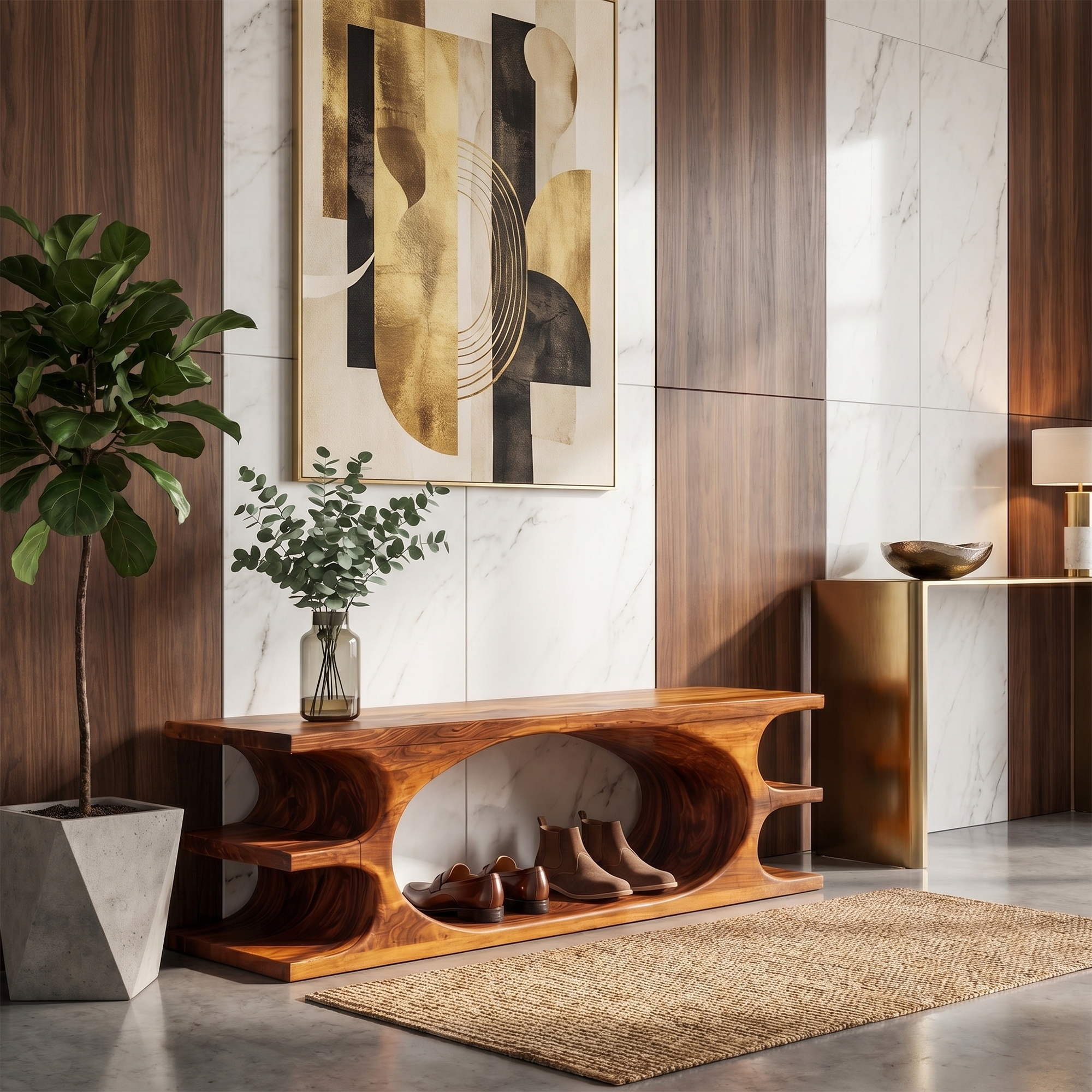 Organic Sculptural Wooden Bench With Flowing Curved Base For Living Room And Entryway SINLKIRS106