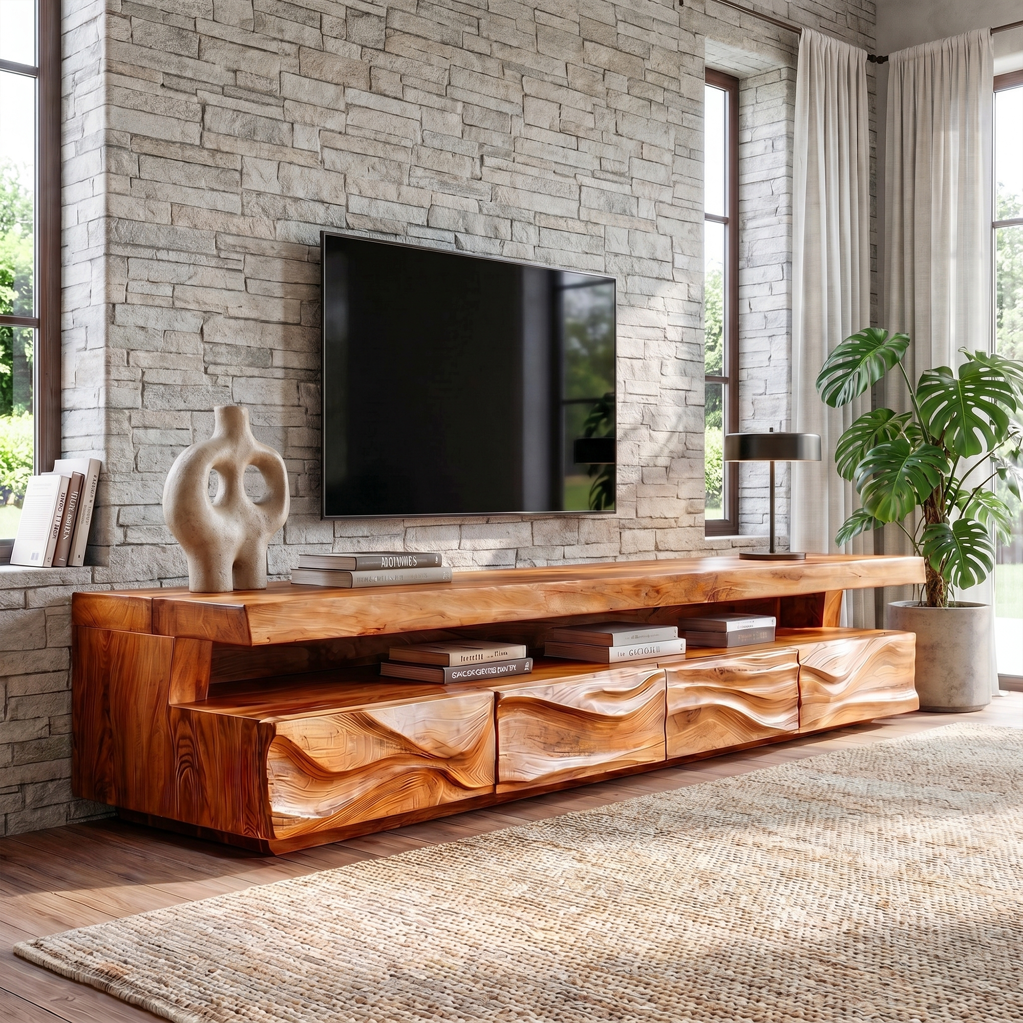 Modern TV Stand With Hand Carved Solid Wood Front And Media Storage For Living Room SINLKITC049