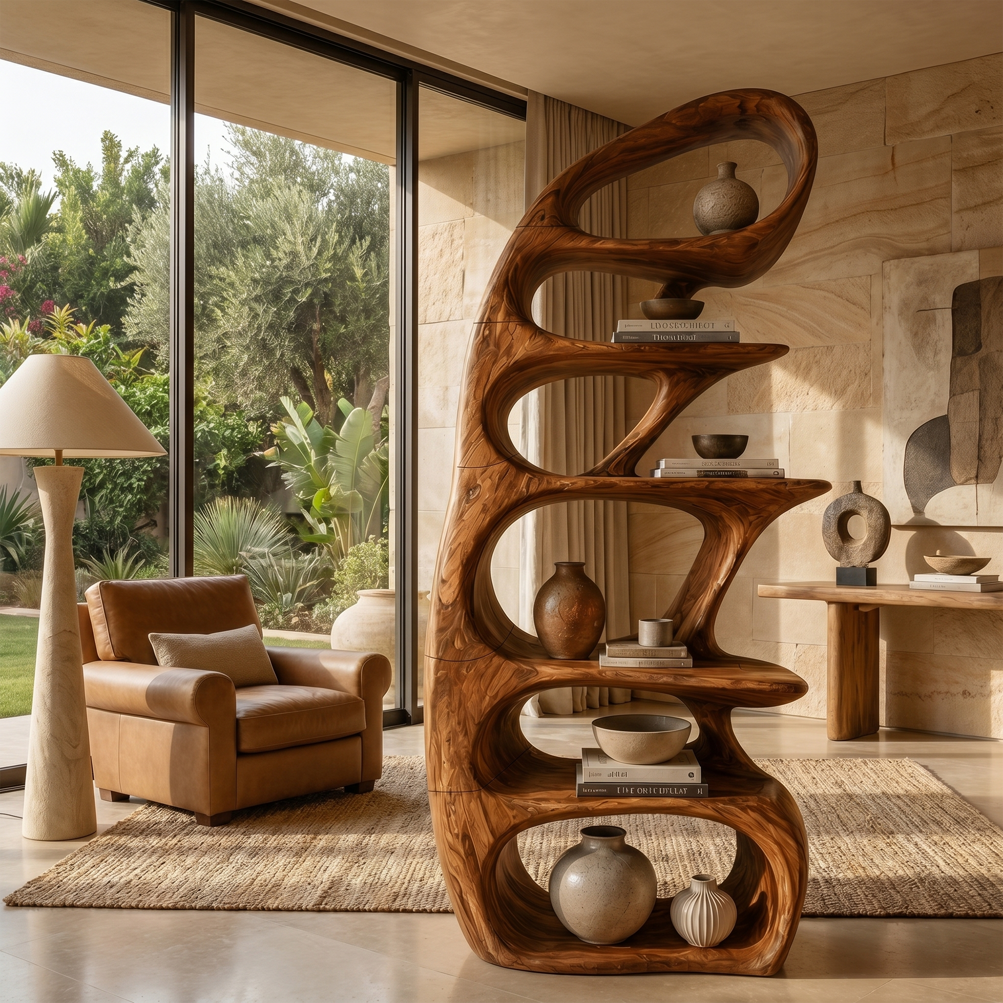 Sculptural Bookshelf With Tree Inspired Curved Shelves And Solid Wood Frame For Living Room SINLKIBS033