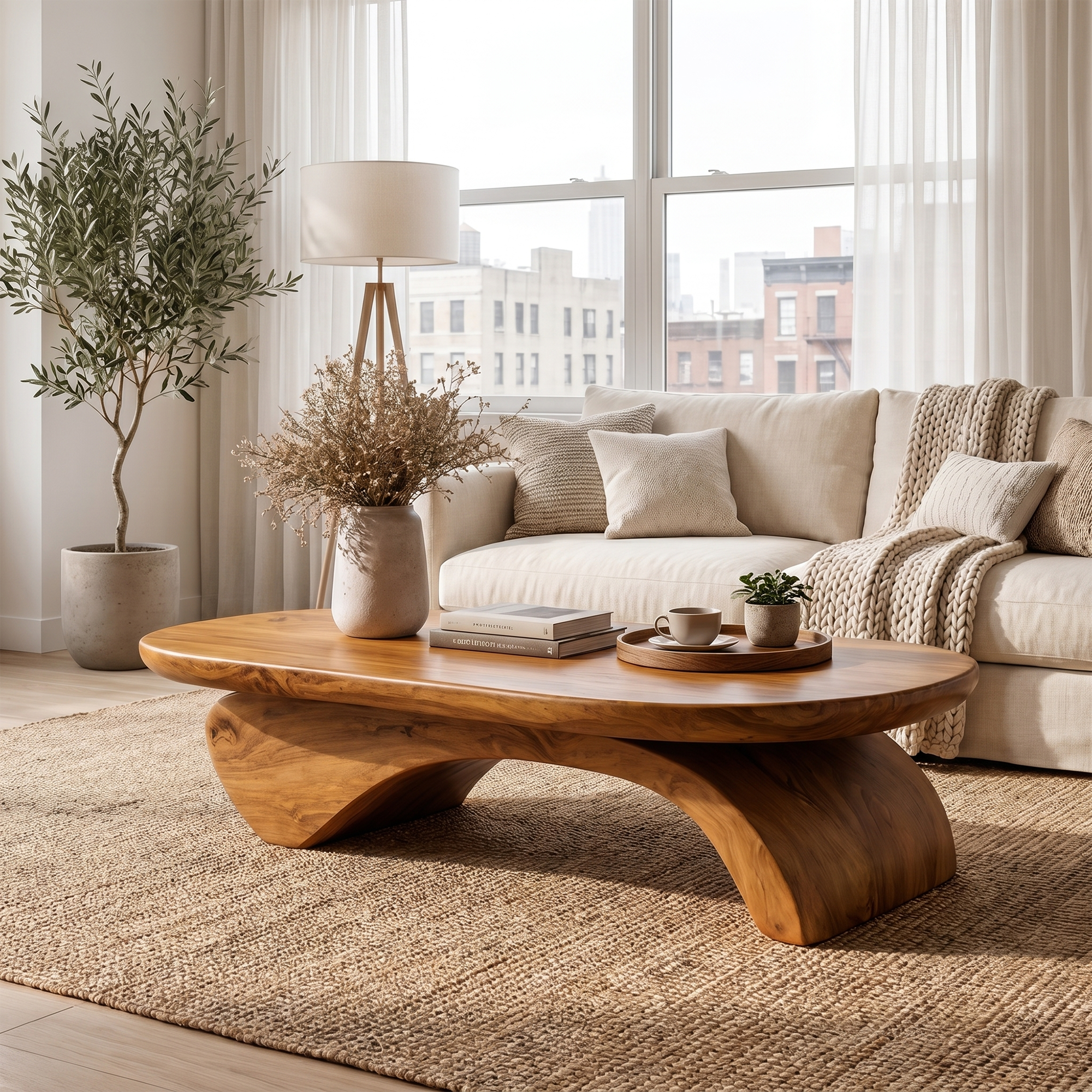 Rustic Live Edge Coffee Table With Artistic Curved Wood Pedestal For Living Room SINLKICF374