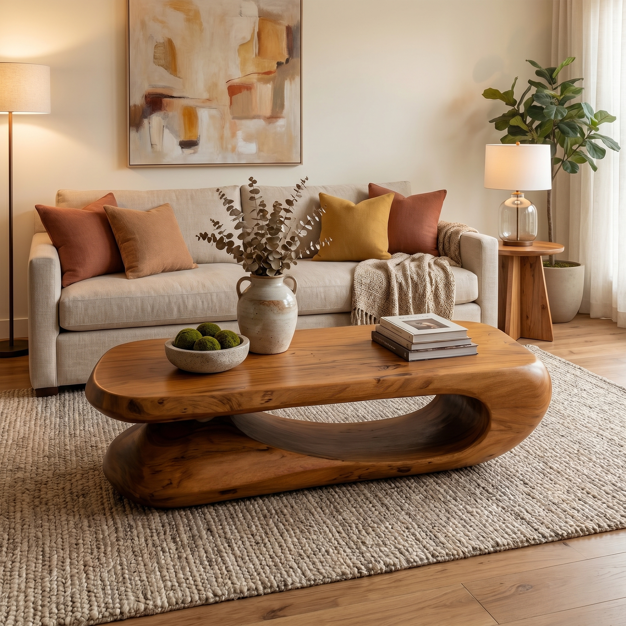 Organic Coffee Table With Flowing Monolithic Wood Form For Living Room SINLKICF375