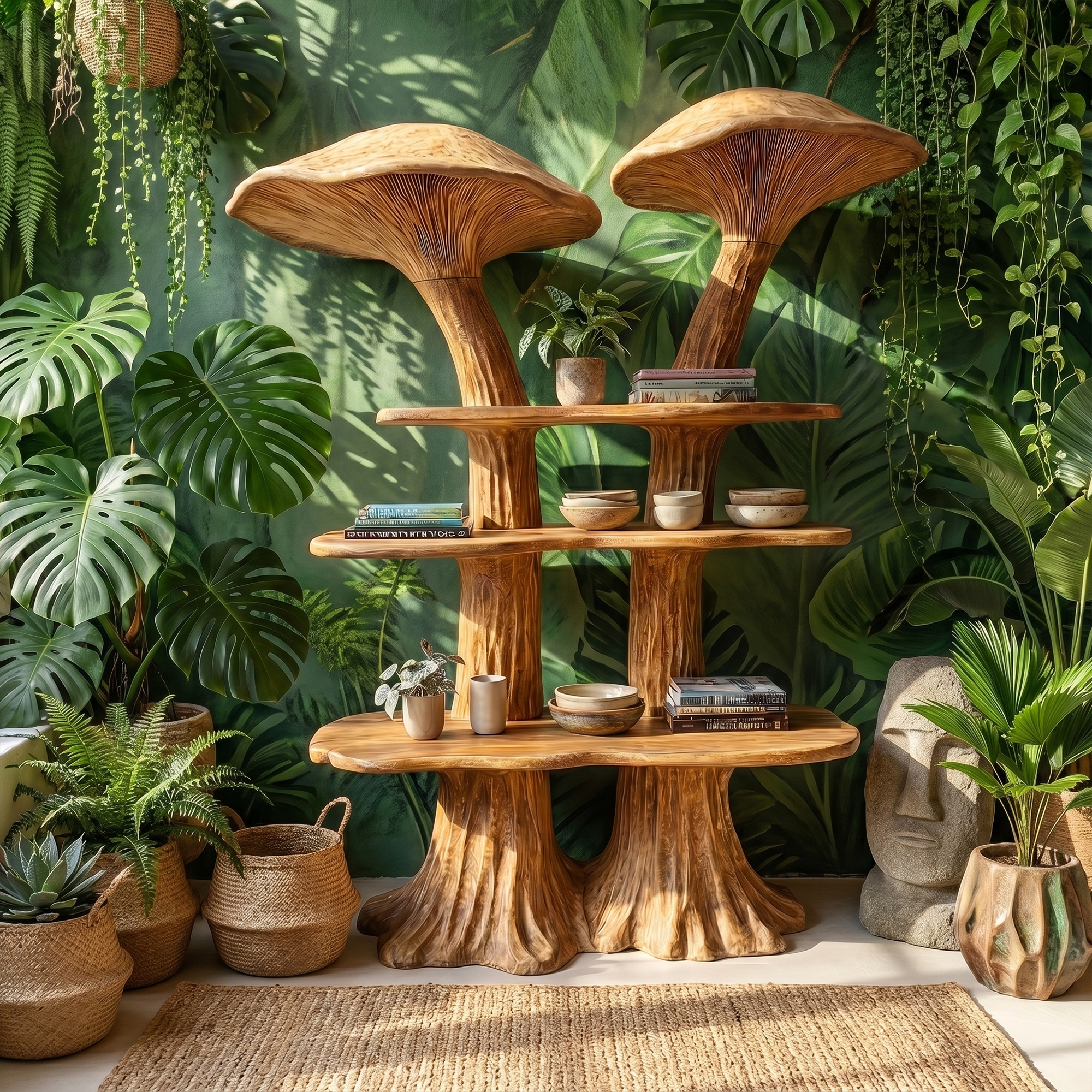 Rustic Mushroom Bookshelf With Handcrafted Solid Wood Shelves For Living Room SINLKITB741