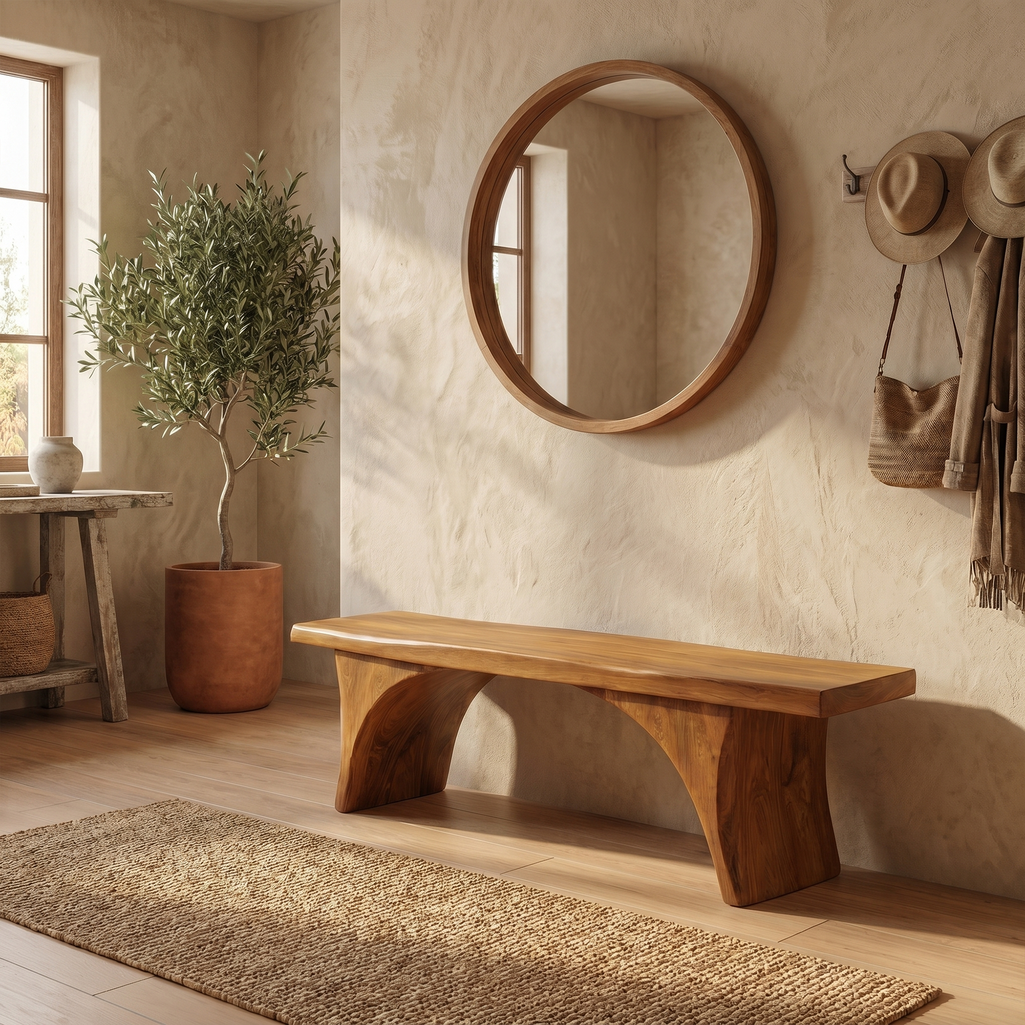 Organic Sculptural Bench With Curved Open Storage Base For Entryway And Living Room SINLKIRS112