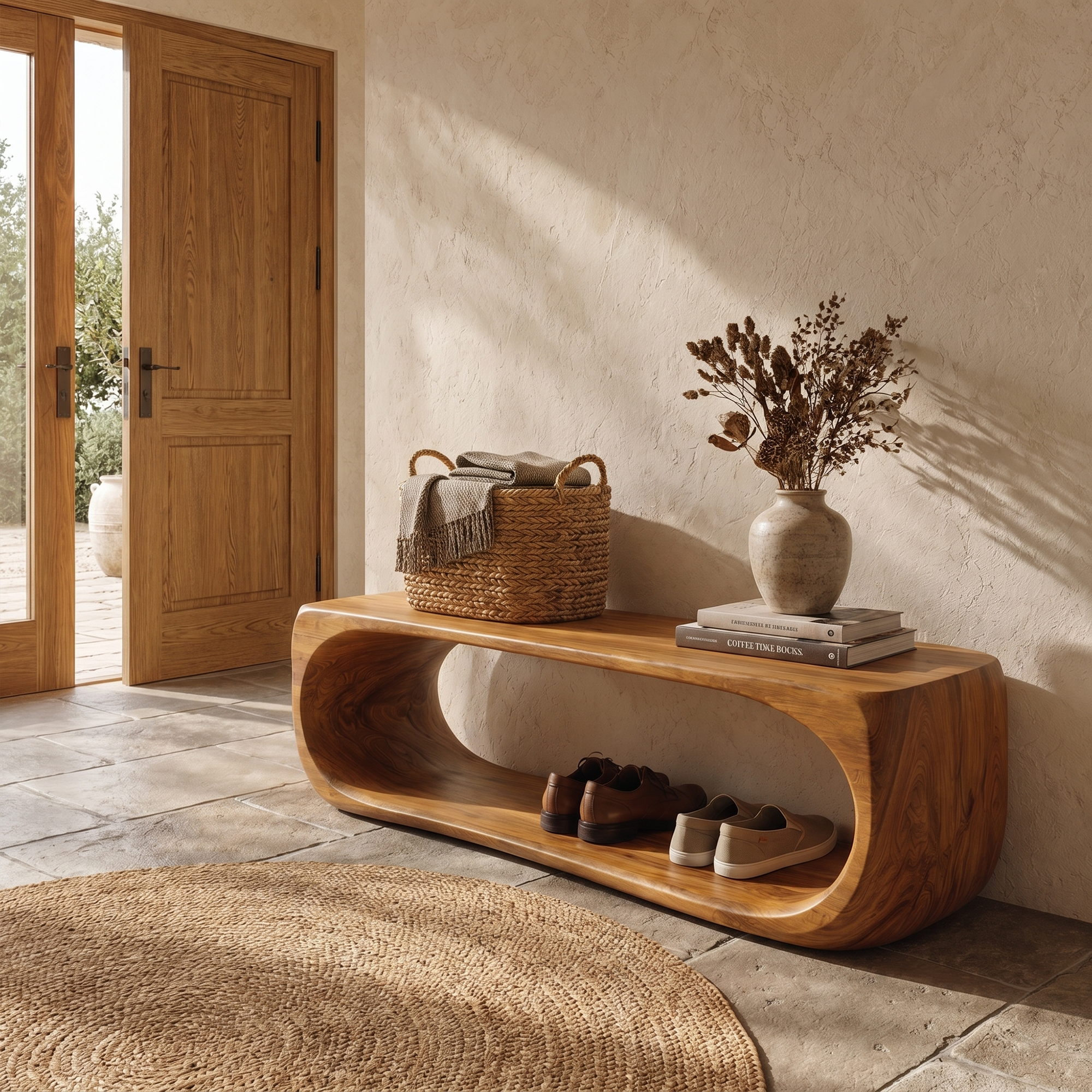 Organic Bench With Sculptural Curved Base And Open Storage Shelf For Entryway SINLKIRS114