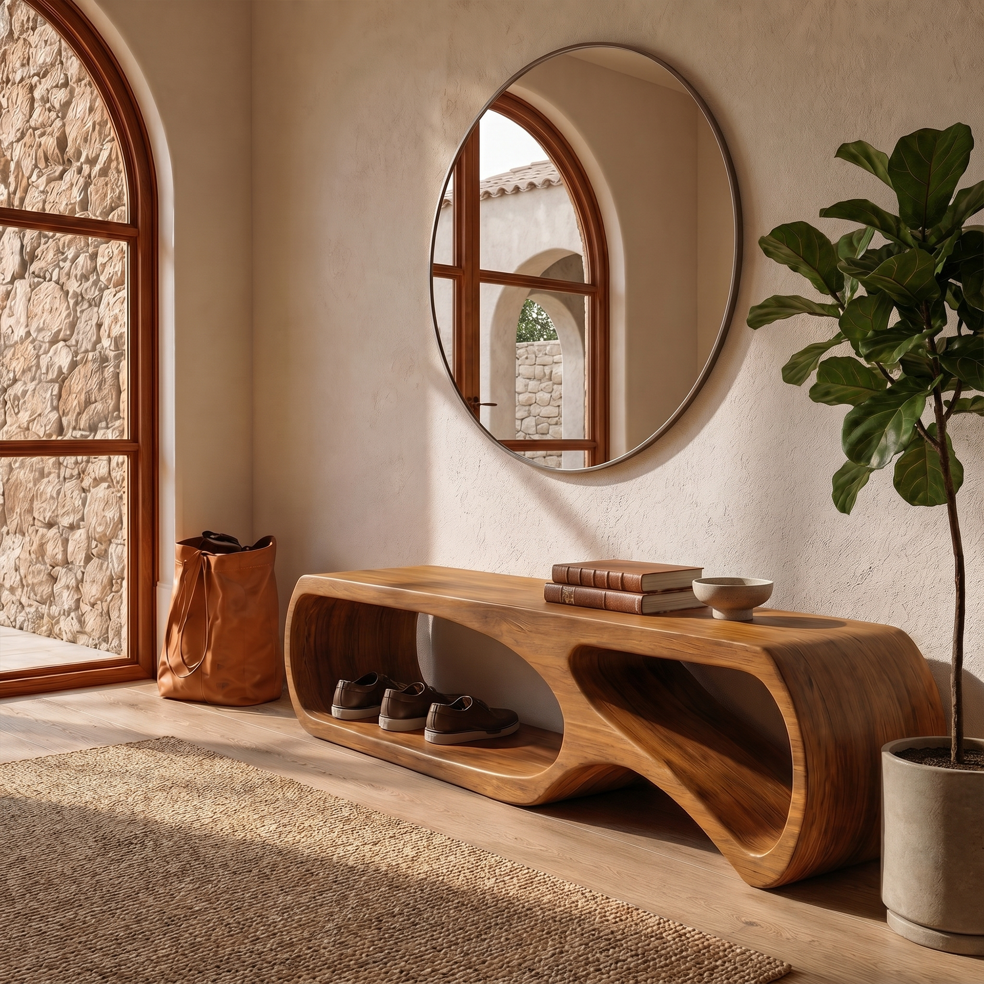 Sculptural Bench With Curved Open Storage Base For Entryway SINLKIRS115