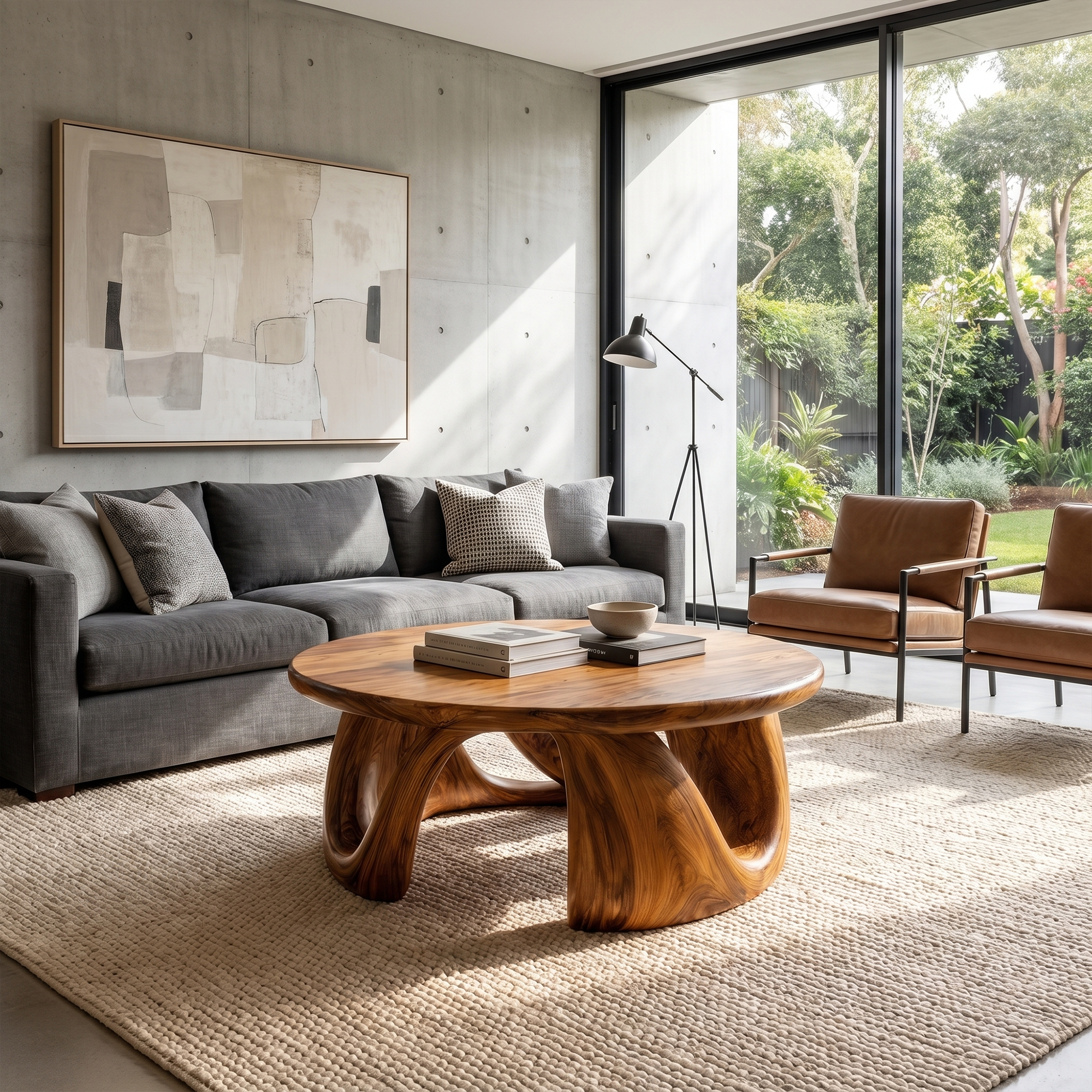 Organic Modern Coffee Table With Round Wood Top And Artistic Curved Base For Living Room SINLKICF379