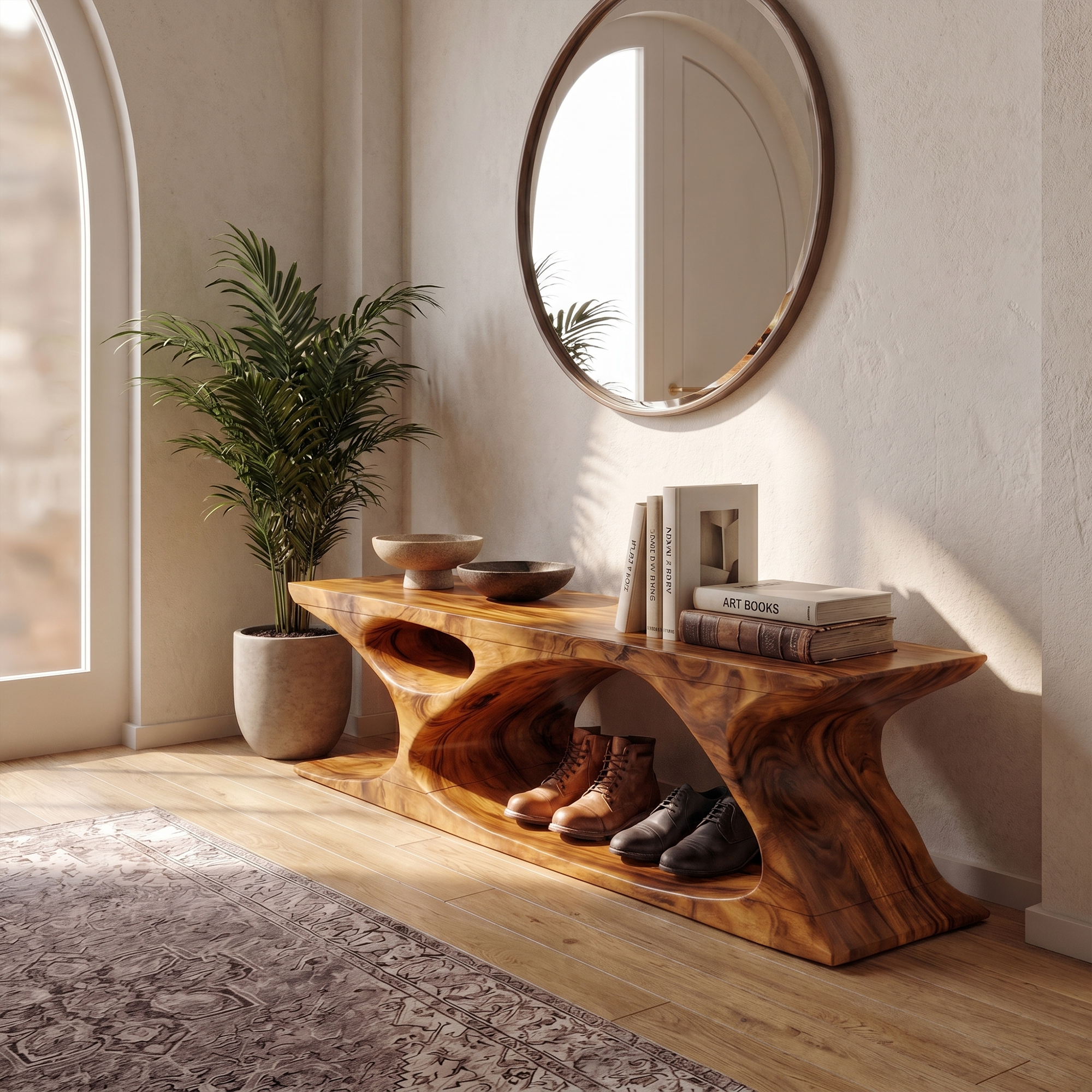 Modern Bench With Sculptural Open Base And Built In Shoe Storage For Entryway SINLKIRS117