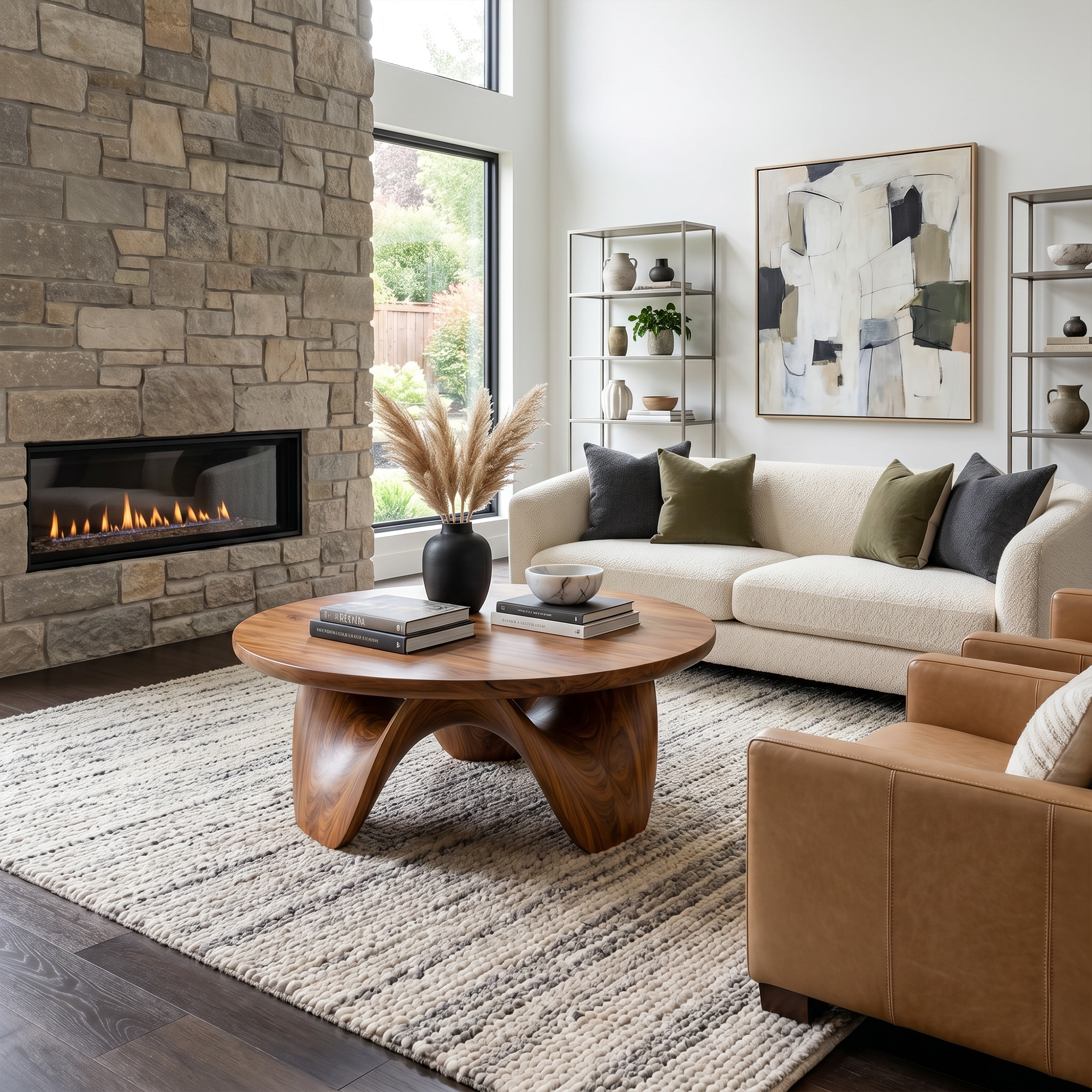 Rustic Coffee Table With Sculptural Solid Wood Base And Round Live Edge Top For Living Room SINLKICF381