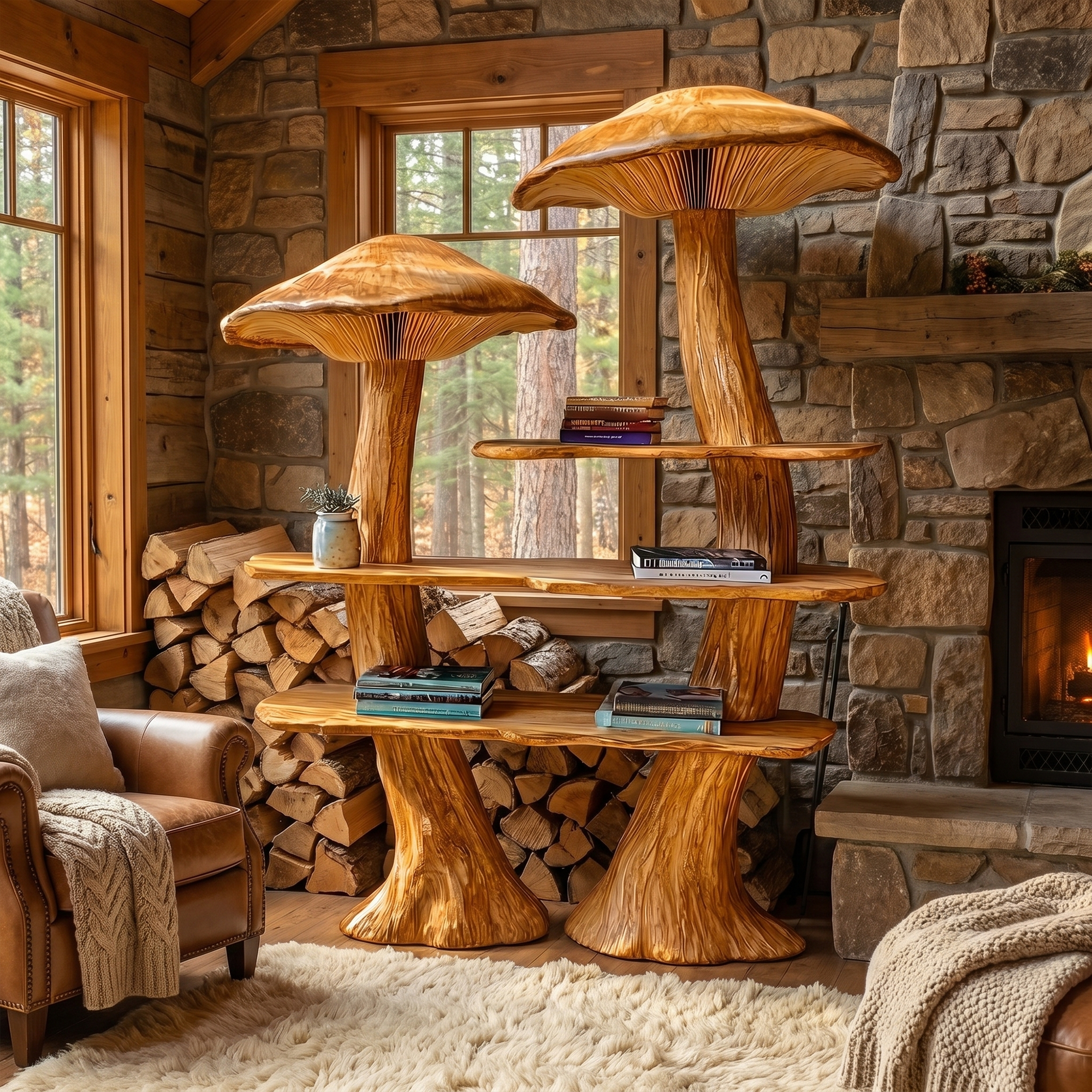 Rustic Mushroom Bookshelf With Tree Trunk Base And Solid Wood Shelves For Living Room SINLKITB748