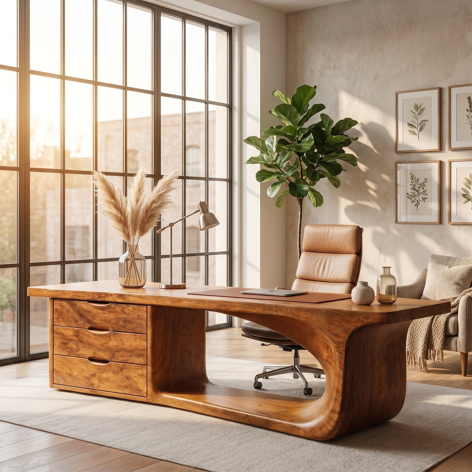 Rustic Executive Desk With Sculptural Solid Wood Base And Integrated Storage For Home Office SINLKIDK117